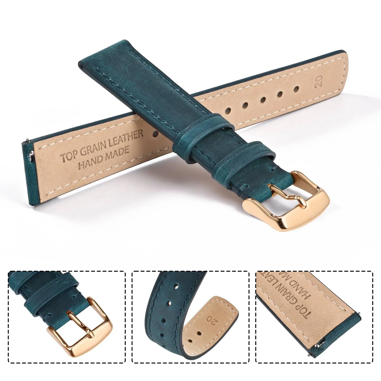Ayadoo Cinturino di ricambio per orologio in pelle pieno fiore, 18 mm, 20 mm, 22 mm, cinturino di ricambio in pelle Crazy Horse con sgancio rapido, fibbia in acciaio inox, per uomini e donne, 20mm - immagine 4
