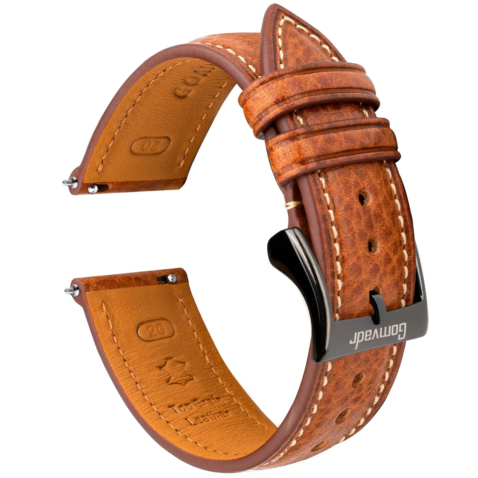 Gomvadr, cinturino per orologio in pelle conciata vegetale - 20 mm - 16 18 19 20 XL 21 22 XXL - Cinturino di ricambio a sgancio rapido, 22mm-XXL, Pelle, Nessuna gemma - immagine 3