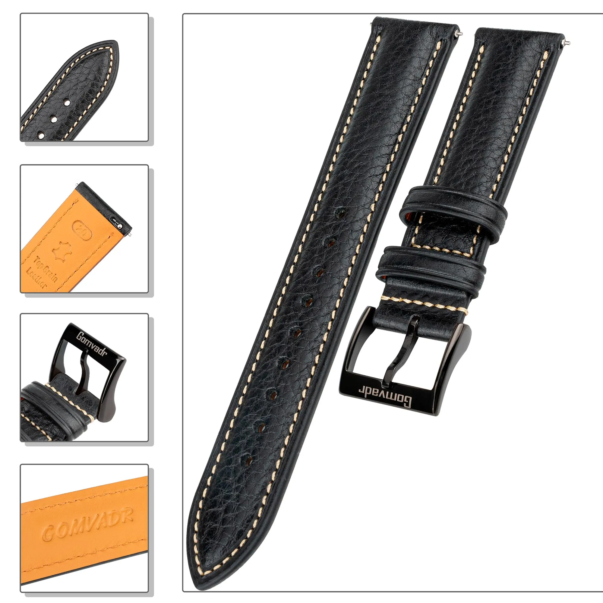Gomvadr, cinturino per orologio in pelle conciata vegetale - 20 mm - 16 18 19 20 XL 21 22 XXL - Cinturino di ricambio a sgancio rapido, 20mm-XL, Pelle, Nessuna gemma - immagine 8