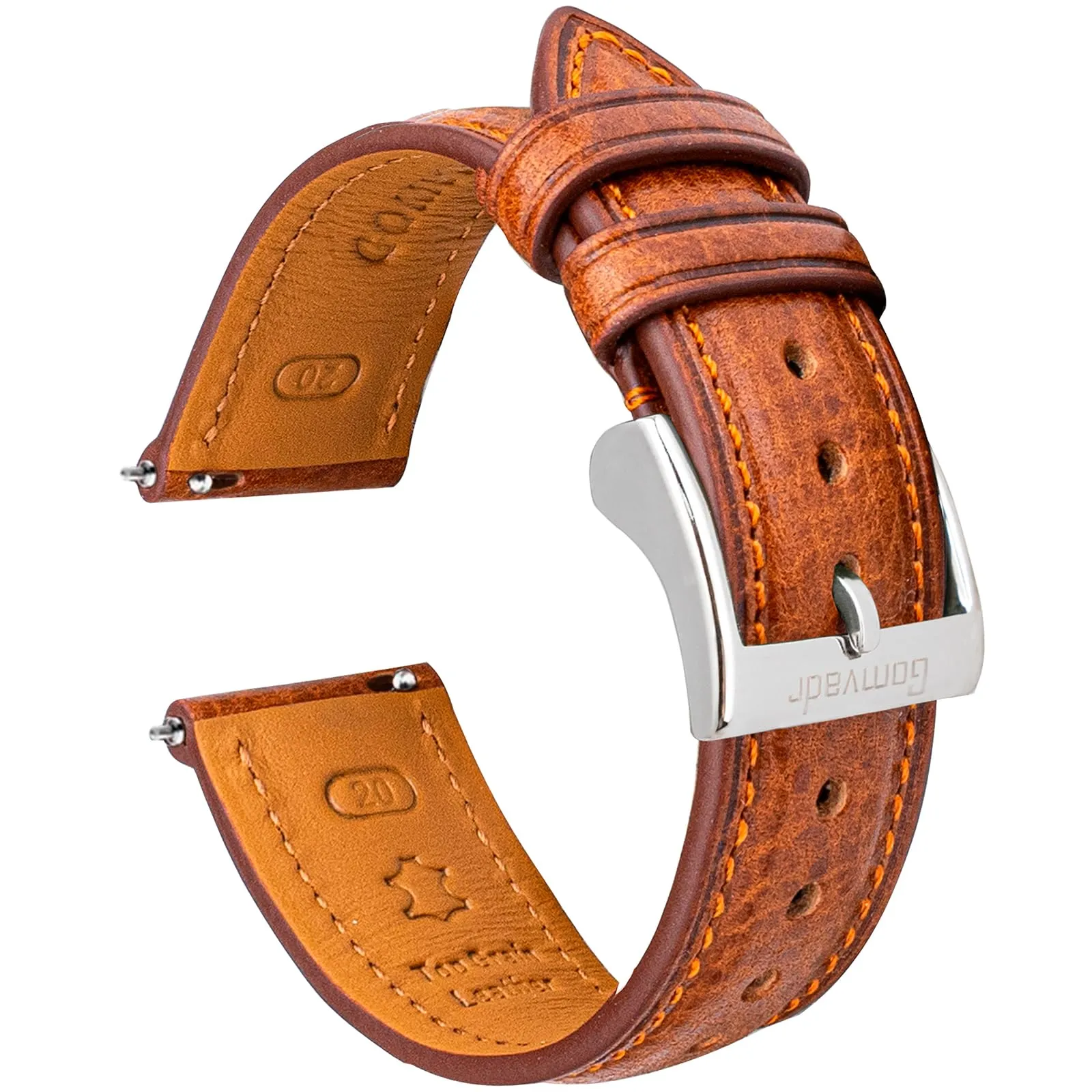 Gomvadr Cinturino per orologio in pelle conciata vegetale - 20 mm - 16 18 19 20 XL 21 22 XXL - Cinturino di ricambio a sgancio rapido, 22mm-Regular, Pelle, Senza Gemme - immagine 3