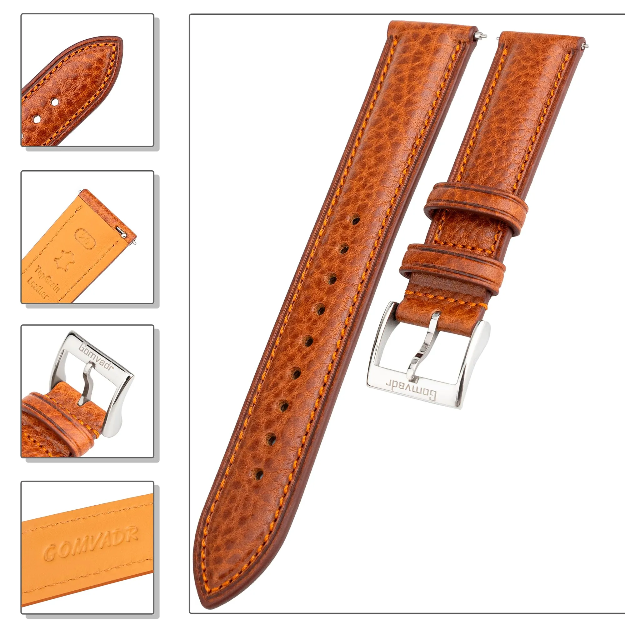 Gomvadr Cinturino per orologio in pelle conciata vegetale - 20 mm - 16 18 19 20 XL 21 22 XXL - Cinturino di ricambio a sgancio rapido, 22mm-Regular, Pelle, Senza Gemme - immagine 8