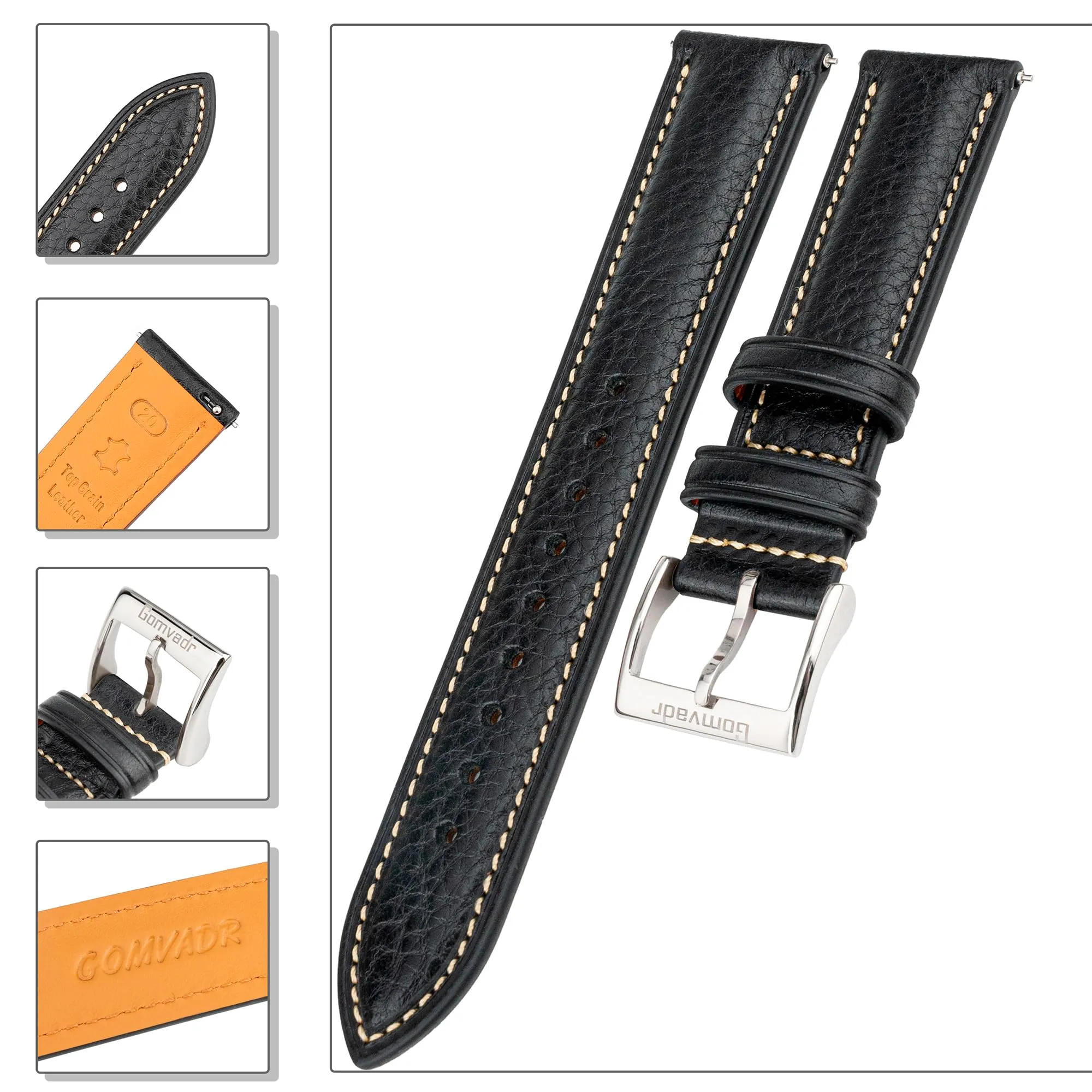 Gomvadr Cinturino di ricambio in pelle conciata al vegetale, 16 18 19 20 21 22 mm, 22mm-XXL, Pelle, Nessuna pietra preziosa - immagine 9
