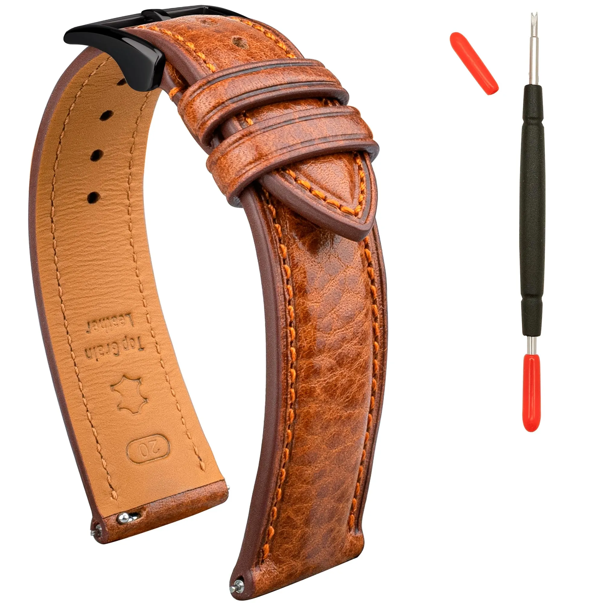 Gomvadr - Cinturino per orologio in pelle conciata vegetale - 20 mm - 16/18/19/20/XL/21/22/XXL - Cinturino di ricambio a sgancio rapido, 18mm, Pelle, Nessuna gemma - immagine 1