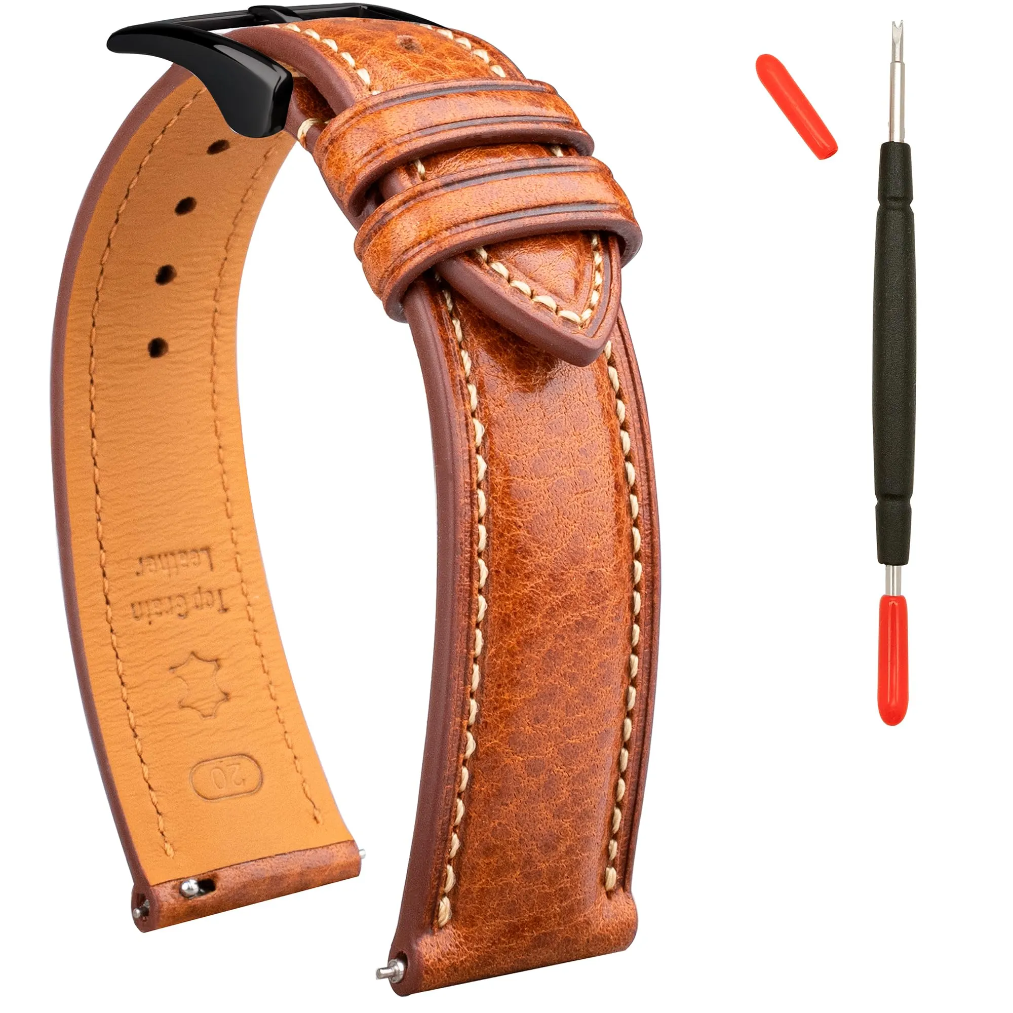Gomvadr Cinturino per orologio in pelle conciata al vegetale, 20 mm, 18 mm, 19, 20 XL, 21, 22 XXL, a sgancio rapido, spesso e morbido, 20mm-Standard, Pelle - immagine 1