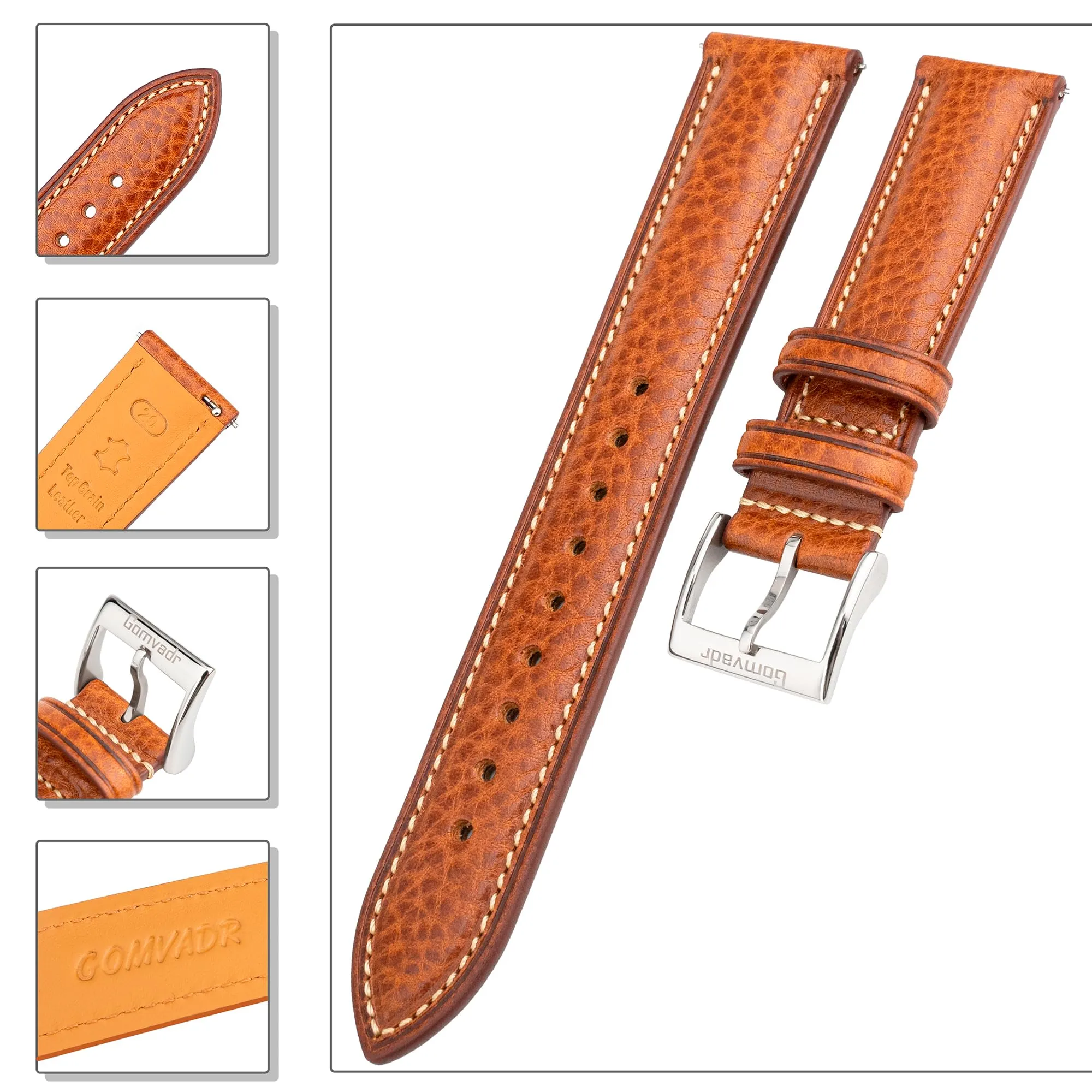 Gomvadr Cinturino in pelle di cuoio vegetale, cinturino per orologio da 20 mm, 16 18 19 20 XL 21 22 XXL a sgancio rapido, 20mm, Moderno - immagine 8