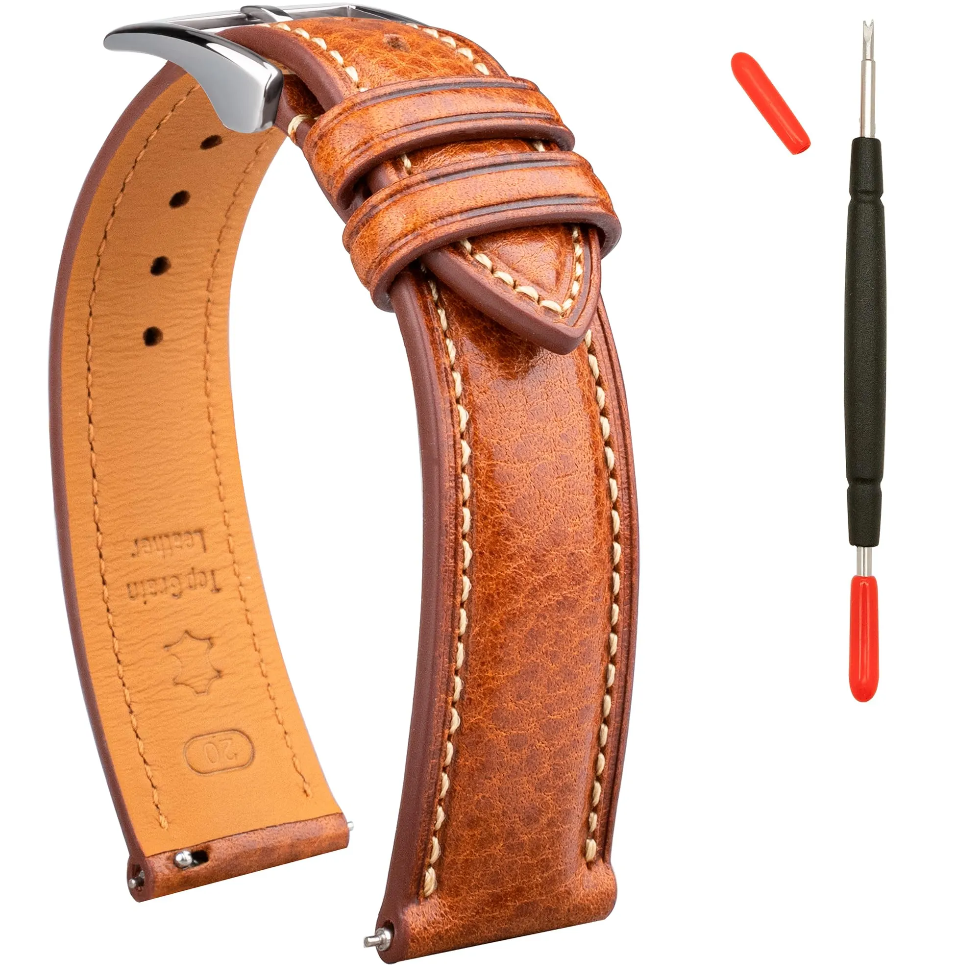 Gomvadr Cinturino in pelle per orologio con pelle conciata al vegetale, 20 mm, 16 18 19 20 XL 21 22 XXL Cinturini di ricambio a sgancio rapido, 20mm-XL, Pelle, Nessuna pietra preziosa - immagine 1