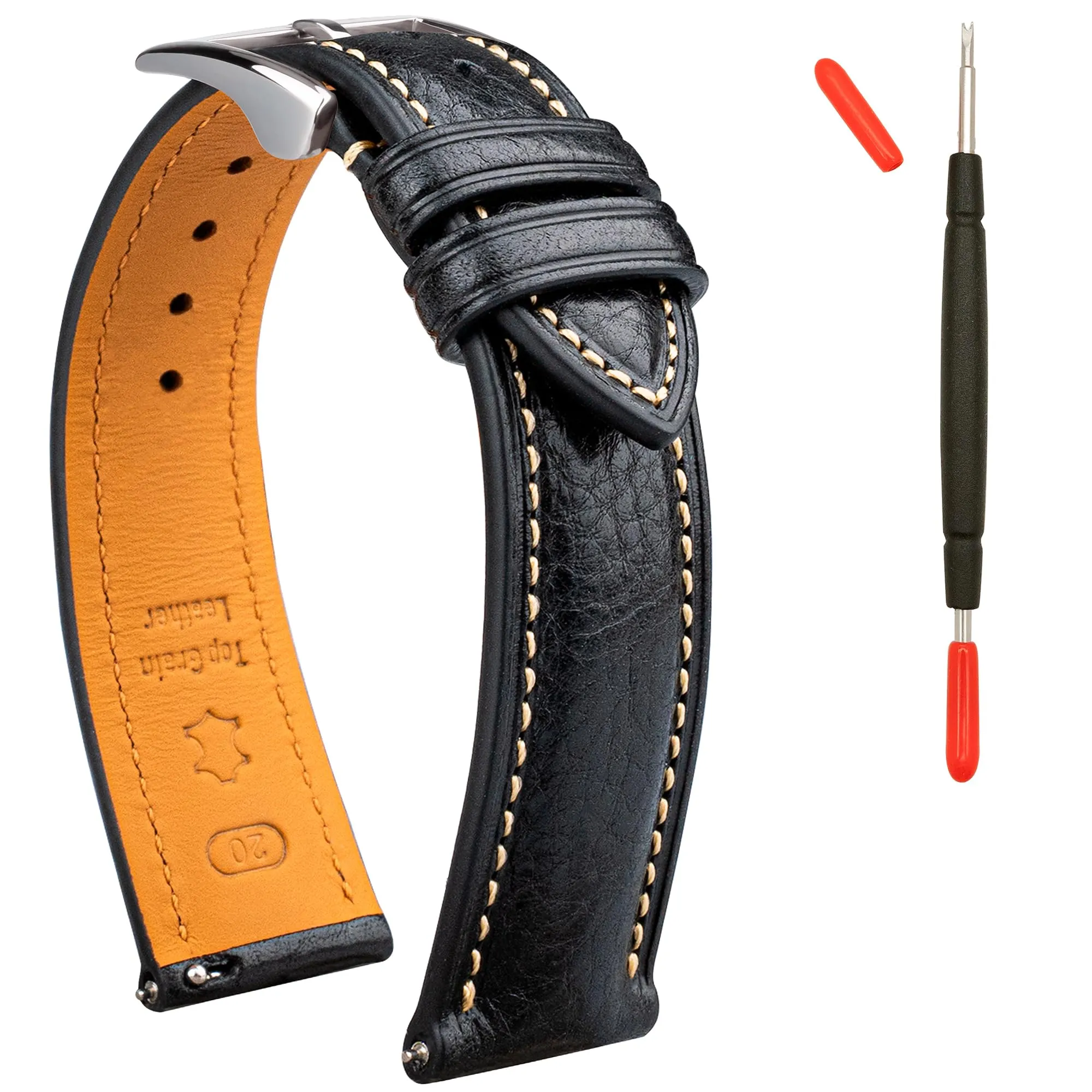 Gomvadr Cinturino in pelle per orologio con pelle conciata al vegetale, 20 mm, 16 18 19 20 XL 21 22 XXL Cinturini di ricambio a sgancio rapido, 22mm, Pelle, Nessuna pietra preziosa - immagine 1