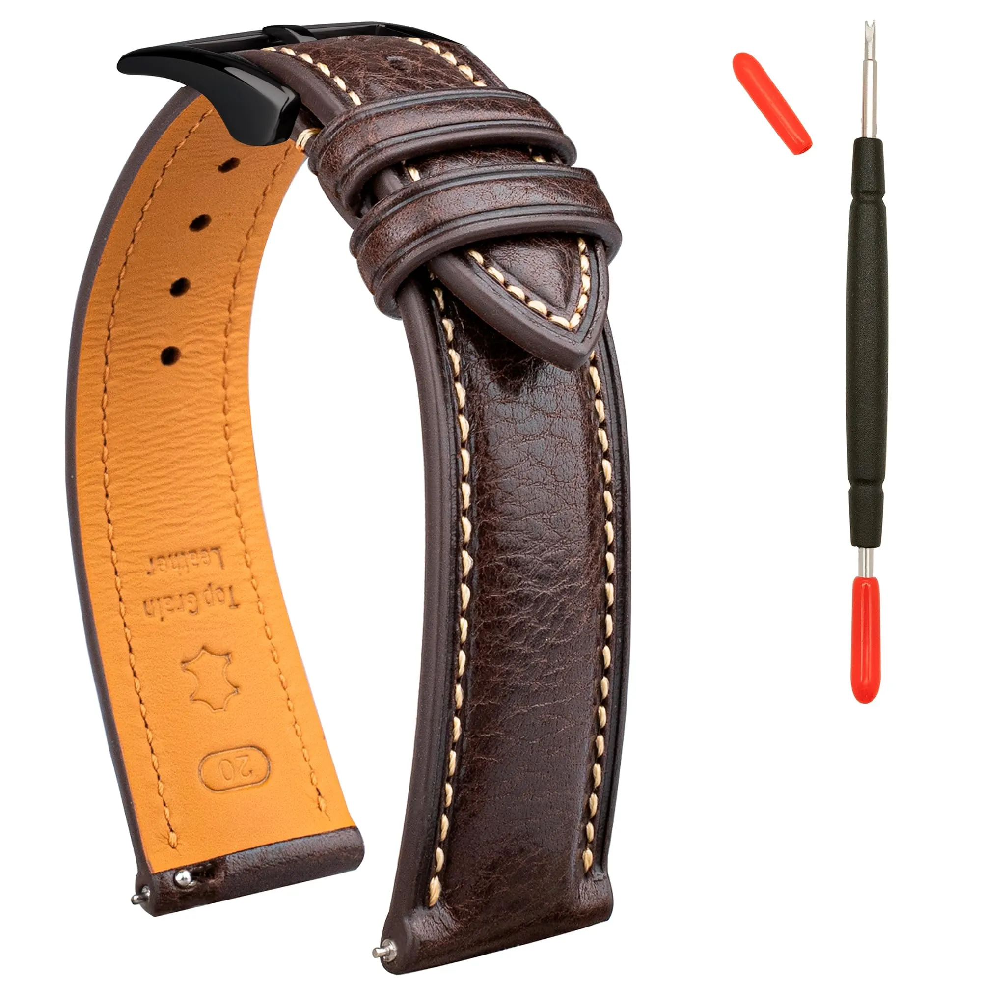 Gomvadr, Cinturino in pelle conciata vegetale - 20 mm - 16 18 19 20 XL 21 22 XXL - Cinturino di ricambio a sgancio rapido, 20mm, Pelle, Nessuna gemma - immagine 1