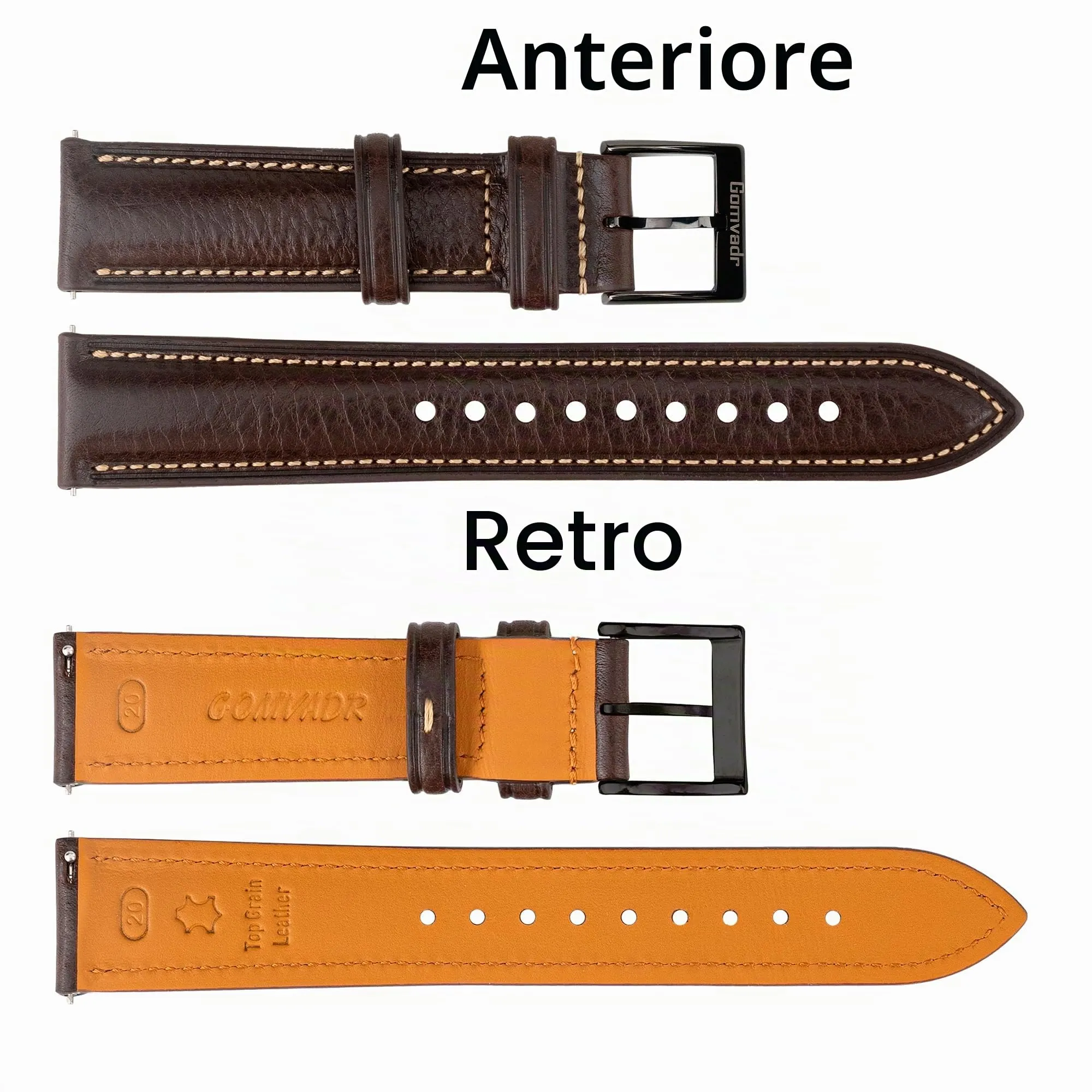 Gomvadr, Cinturino in pelle conciata vegetale - 20 mm - 16 18 19 20 XL 21 22 XXL - Cinturino di ricambio a sgancio rapido, 20mm, Pelle, Nessuna gemma - immagine 8