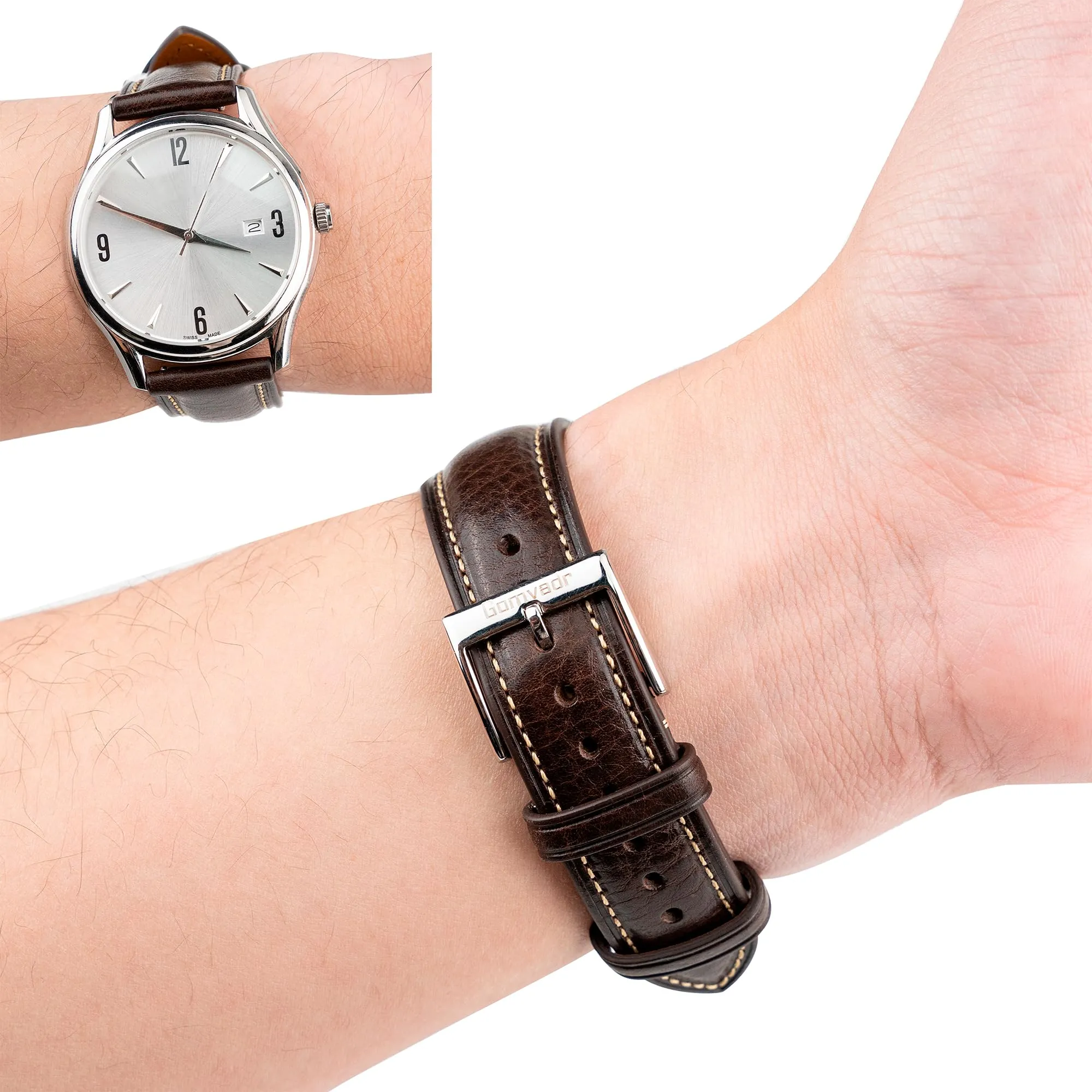 Gomvadr Cinturino in pelle di cuoio vegetale, cinturino per orologio da 20 mm, 16 18 19 20 XL 21 22 XXL a sgancio rapido, Caffè Fibbia Argento, 20mm, Moderno - immagine 5