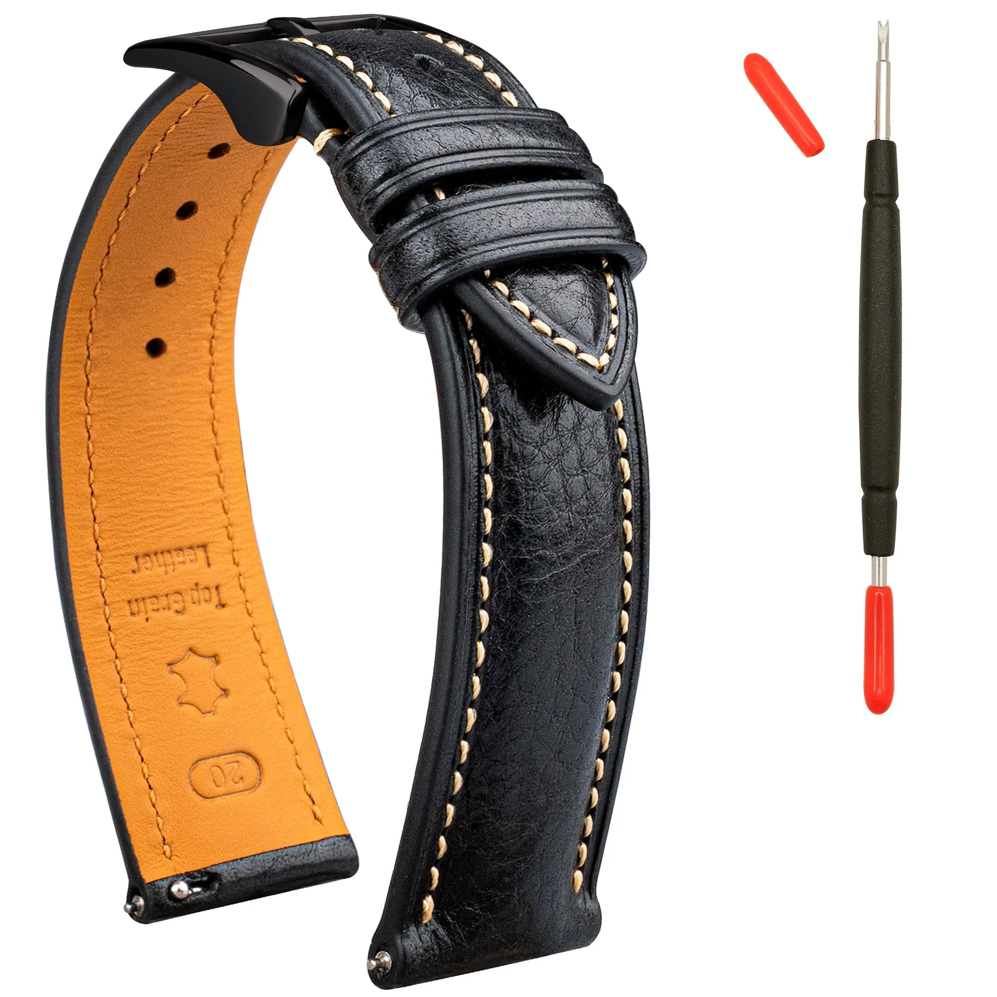 Gomvadr Cinturino in pelle per orologio con pelle conciata al vegetale, 20 mm, 16 18 19 20 XL 21 22 XXL Cinturini di ricambio a sgancio rapido, 22mm, Pelle, Nessuna pietra preziosa - immagine 1