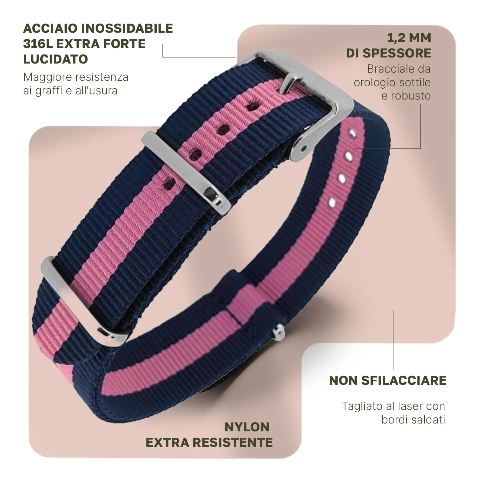Natos.com - Cinturino NATO per Orologio in Nylon Militare G10, Uomo e Donna, Fibbia in Acciaio Inossidabile - 22mm - immagine 2