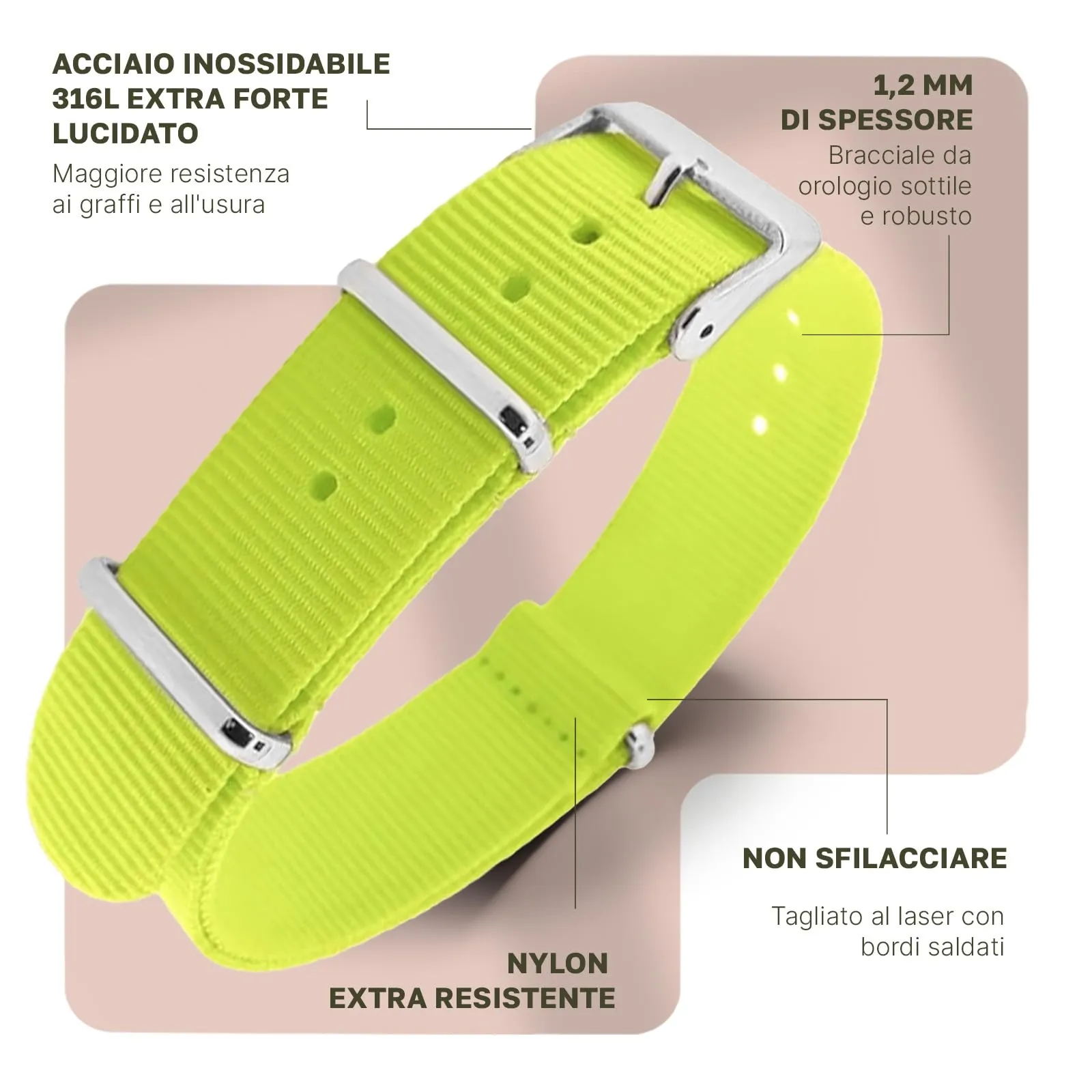 Natos.com - Cinturino NATO per Orologio in Nylon Militare G10, Uomo e Donna, Fibbia in Acciaio Inossidabile - 22mm - immagine 2