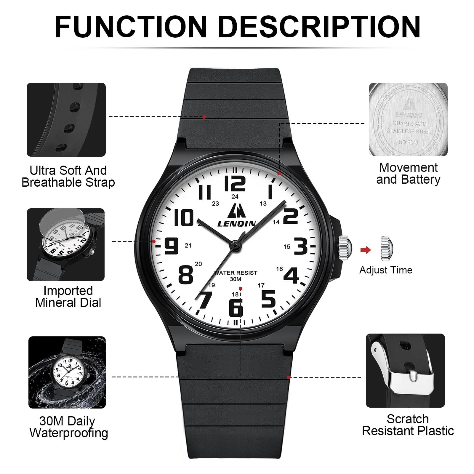 LN LENQIN Orologio da uomo al quarzo analogico, impermeabile 30 metri, con cinturino in silicone alla moda orologi uomo - immagine 5