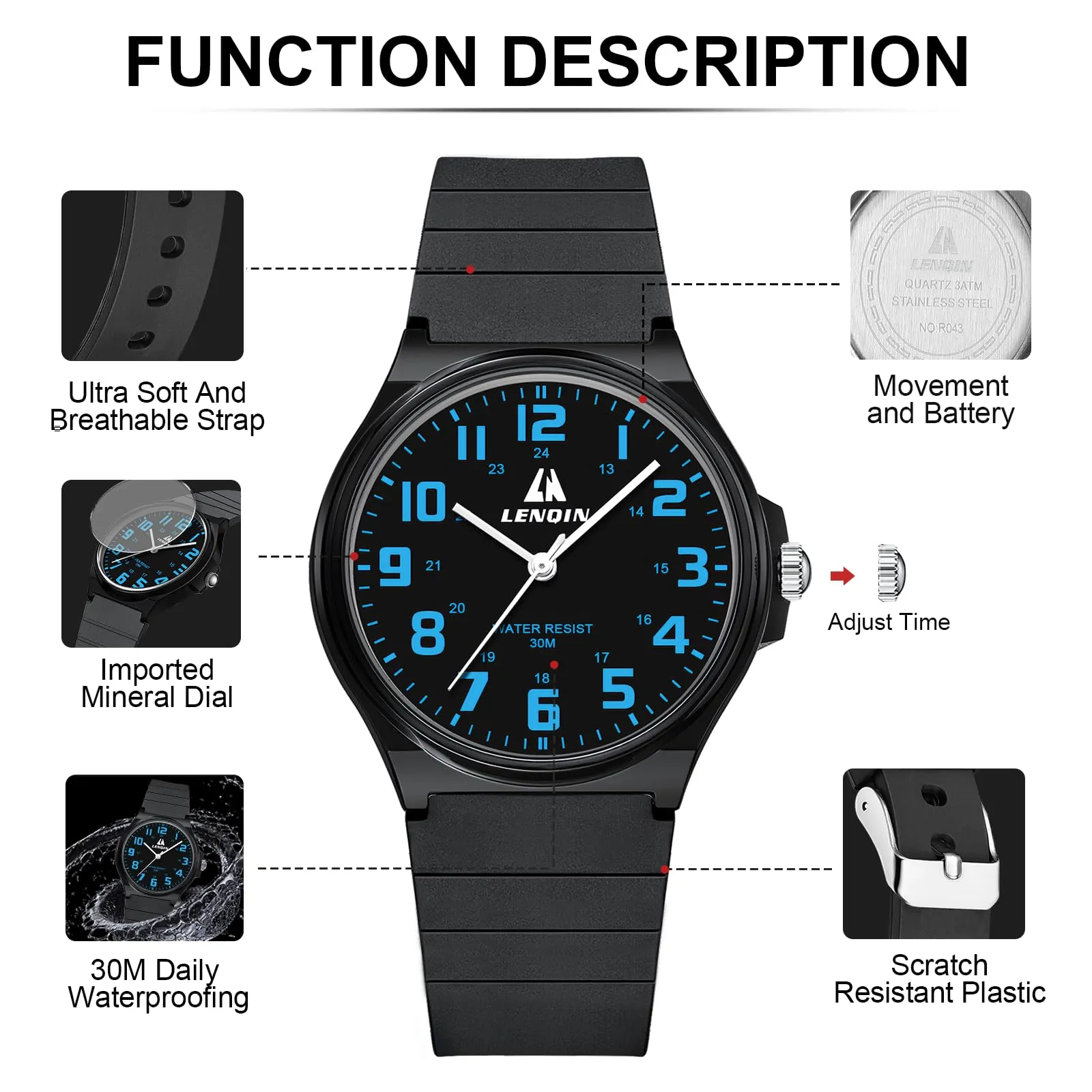 LN LENQIN Orologio da uomo al quarzo analogico, impermeabile 30 metri, con cinturino in silicone alla moda orologi uomo - immagine 5