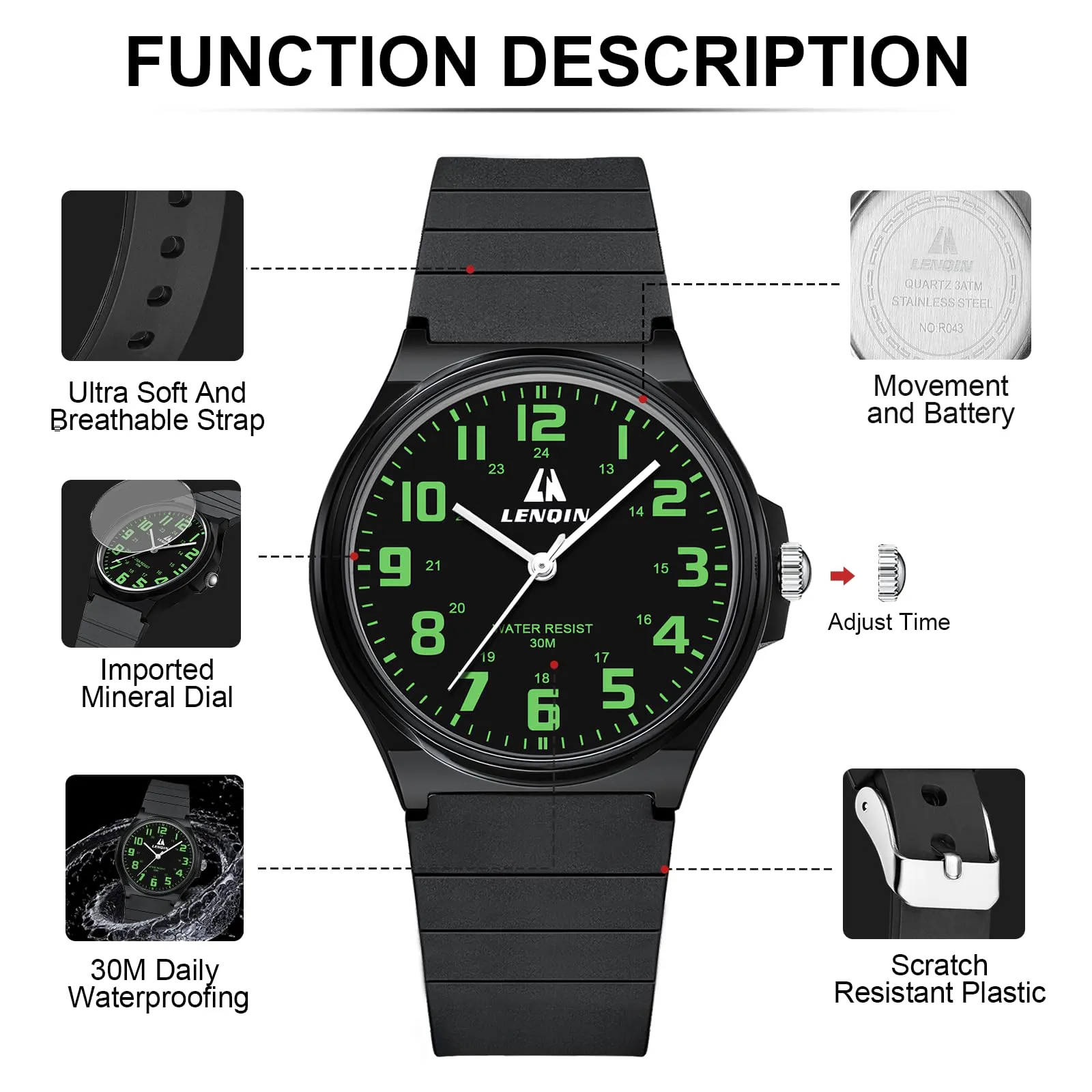 LN LENQIN Orologio da uomo al quarzo analogico, impermeabile 30 metri, con cinturino in silicone alla moda orologi uomo - immagine 5