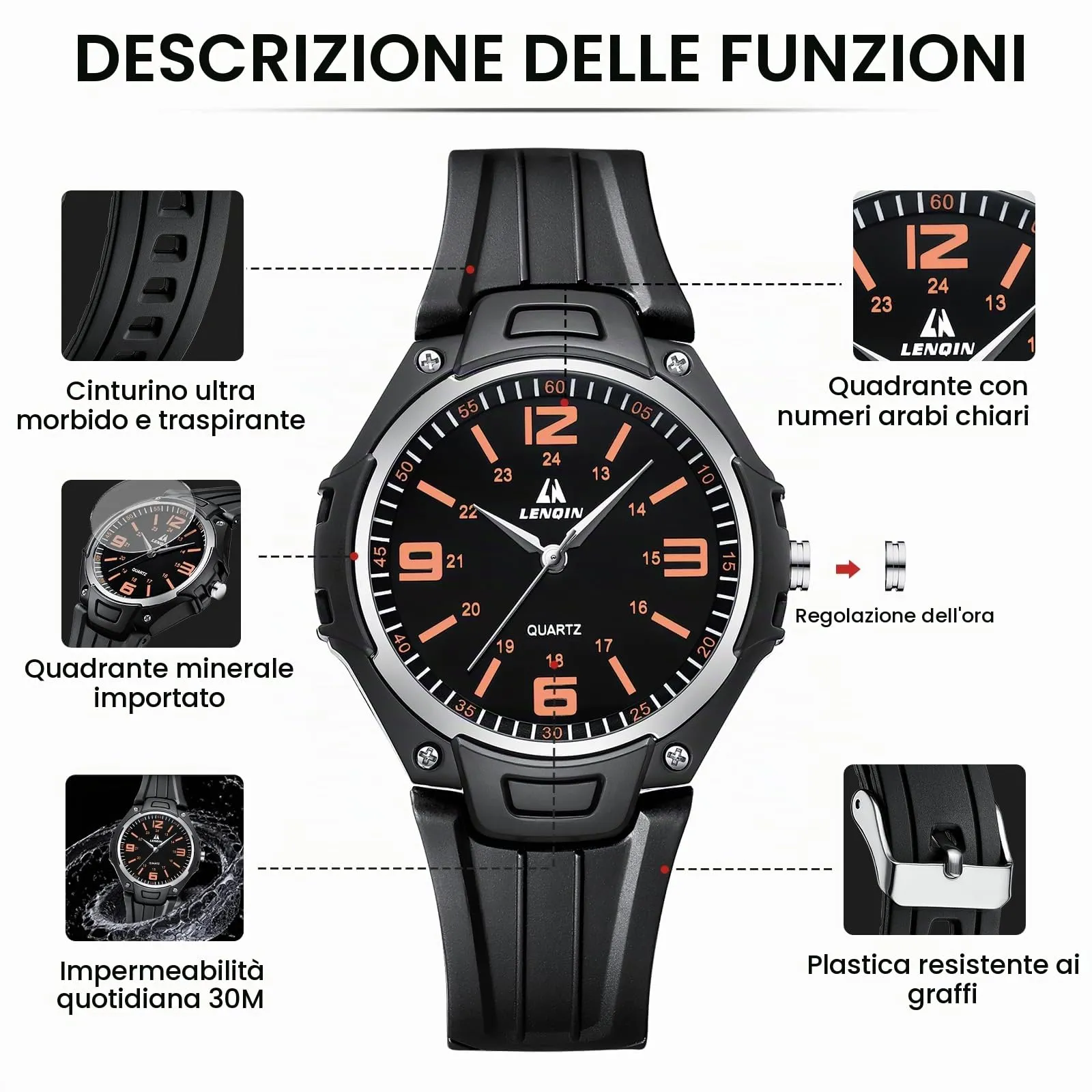 LN LENQIN Orologio da uomo al quarzo analogico, impermeabile 30 metri, con cinturino in silicone alla moda orologi uomo - immagine 7