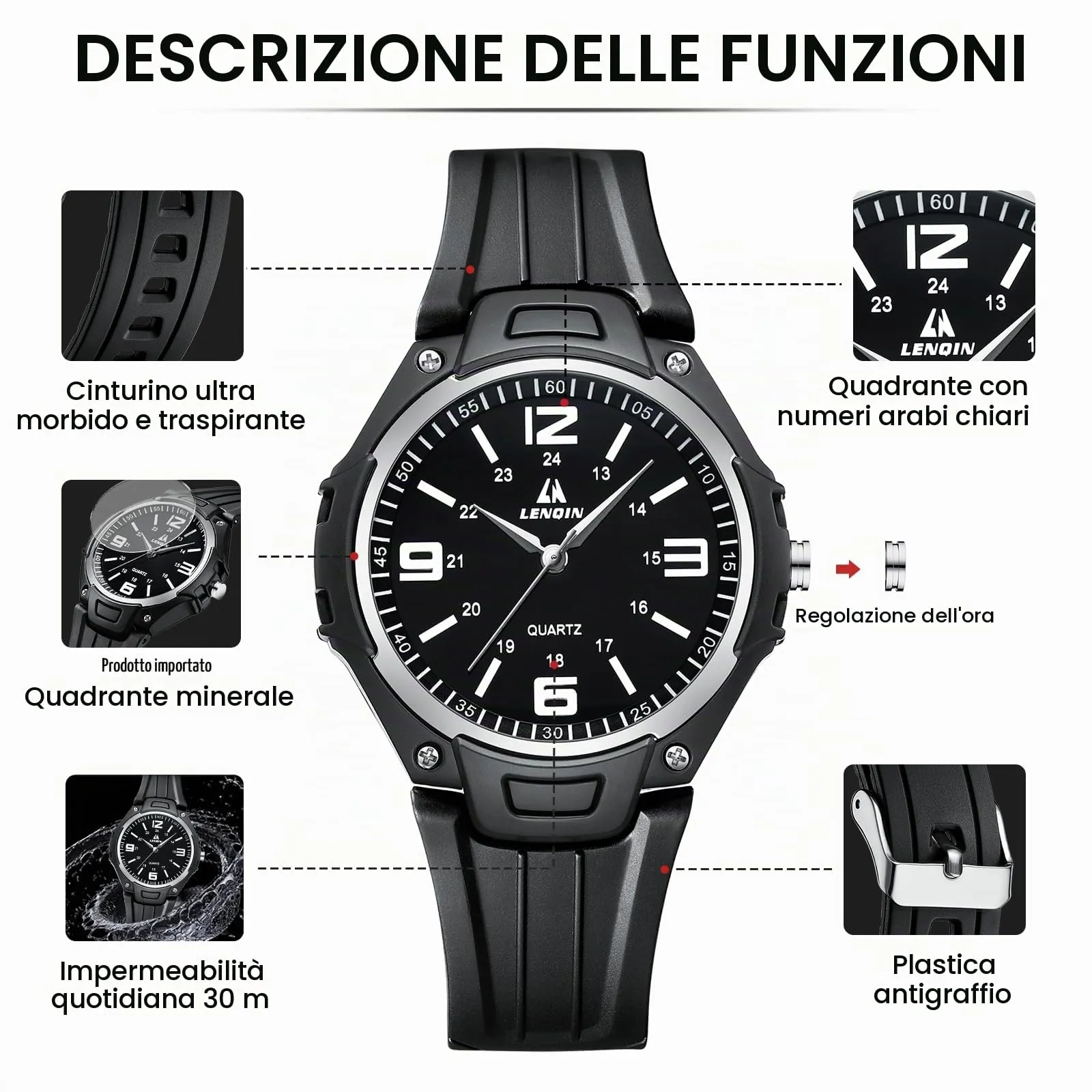 LN LENQIN Orologio da uomo al quarzo analogico, impermeabile 30 metri, con cinturino in silicone alla moda orologi uomo - immagine 6