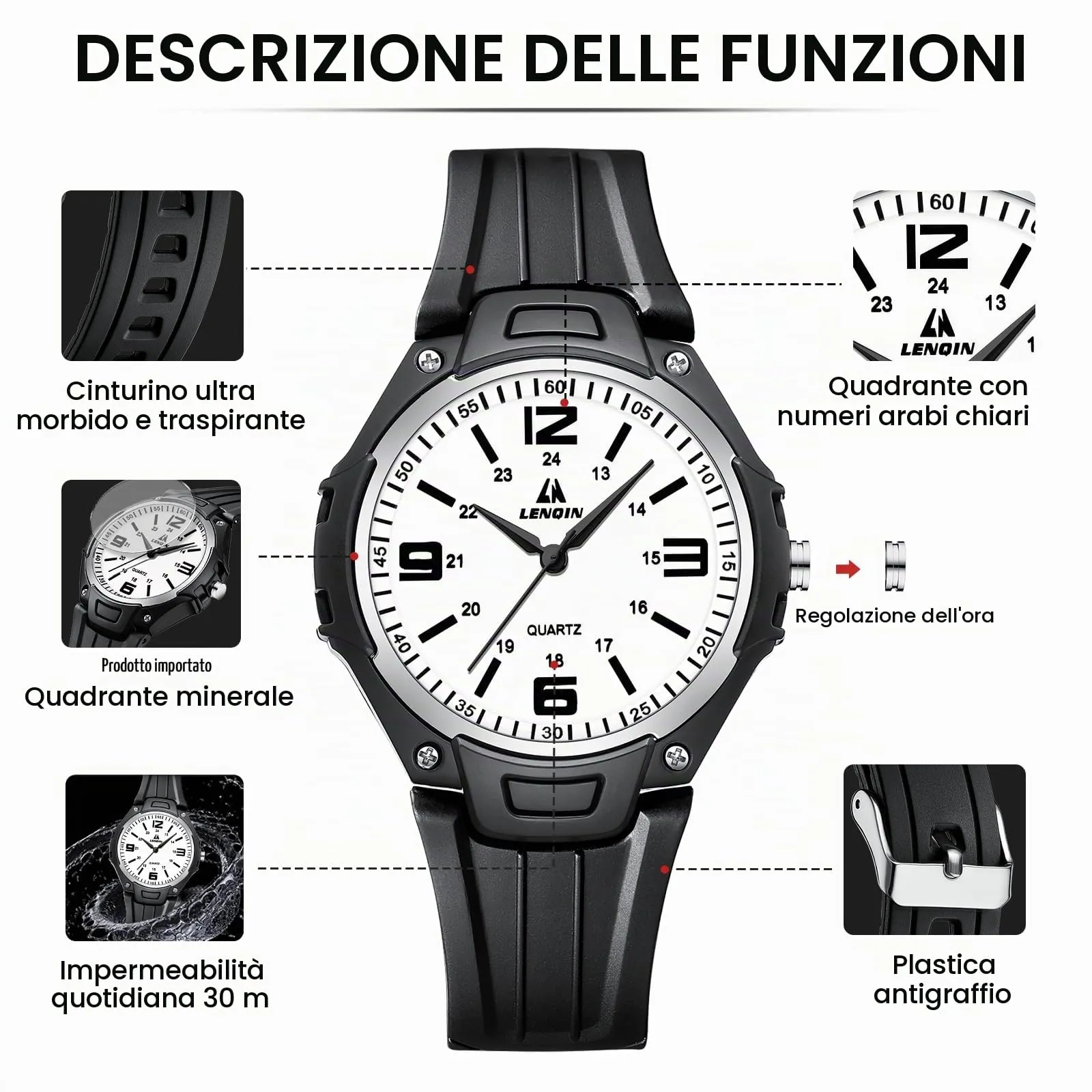 LN LENQIN Orologio da uomo al quarzo analogico, impermeabile 30 metri, con cinturino in silicone alla moda orologi uomo - immagine 8