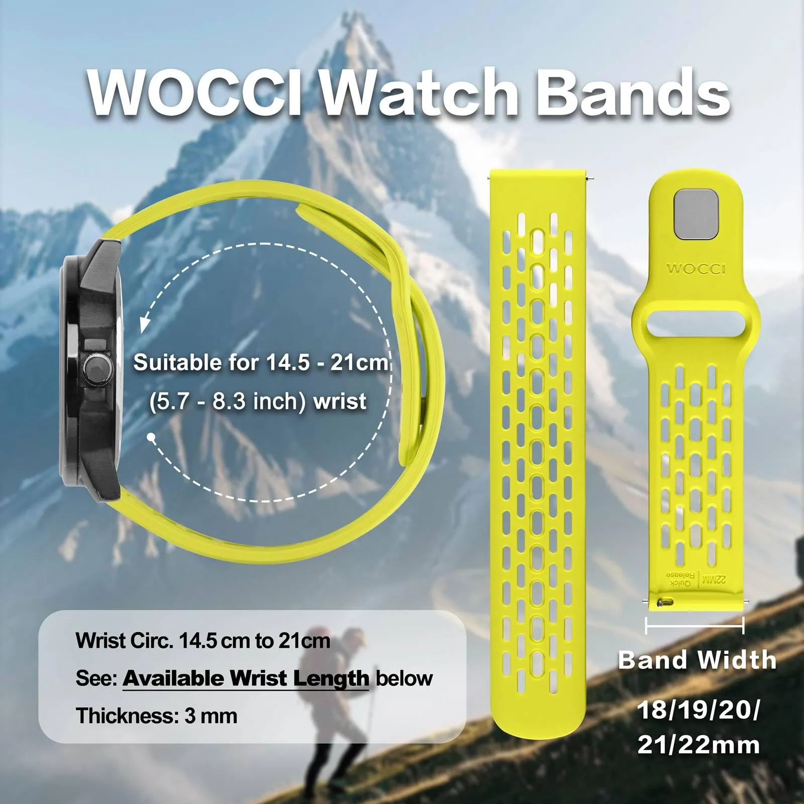 WOCCI 22mm Traspirante Traforato Cinturino in Silicone, Sgancio Rapido, Orologio Cinturini di Ricambio per Uomo Donna (Limone) - immagine 3