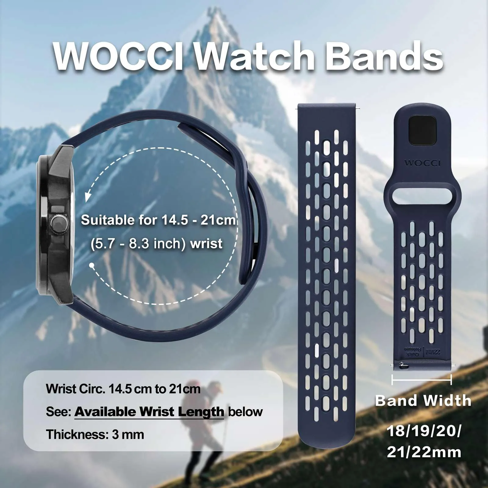 WOCCI 21mm Traspirante Traforato Cinturino in Silicone, Sgancio Rapido, Orologio Cinturini di Ricambio per Uomo Donna (Blu) - immagine 3