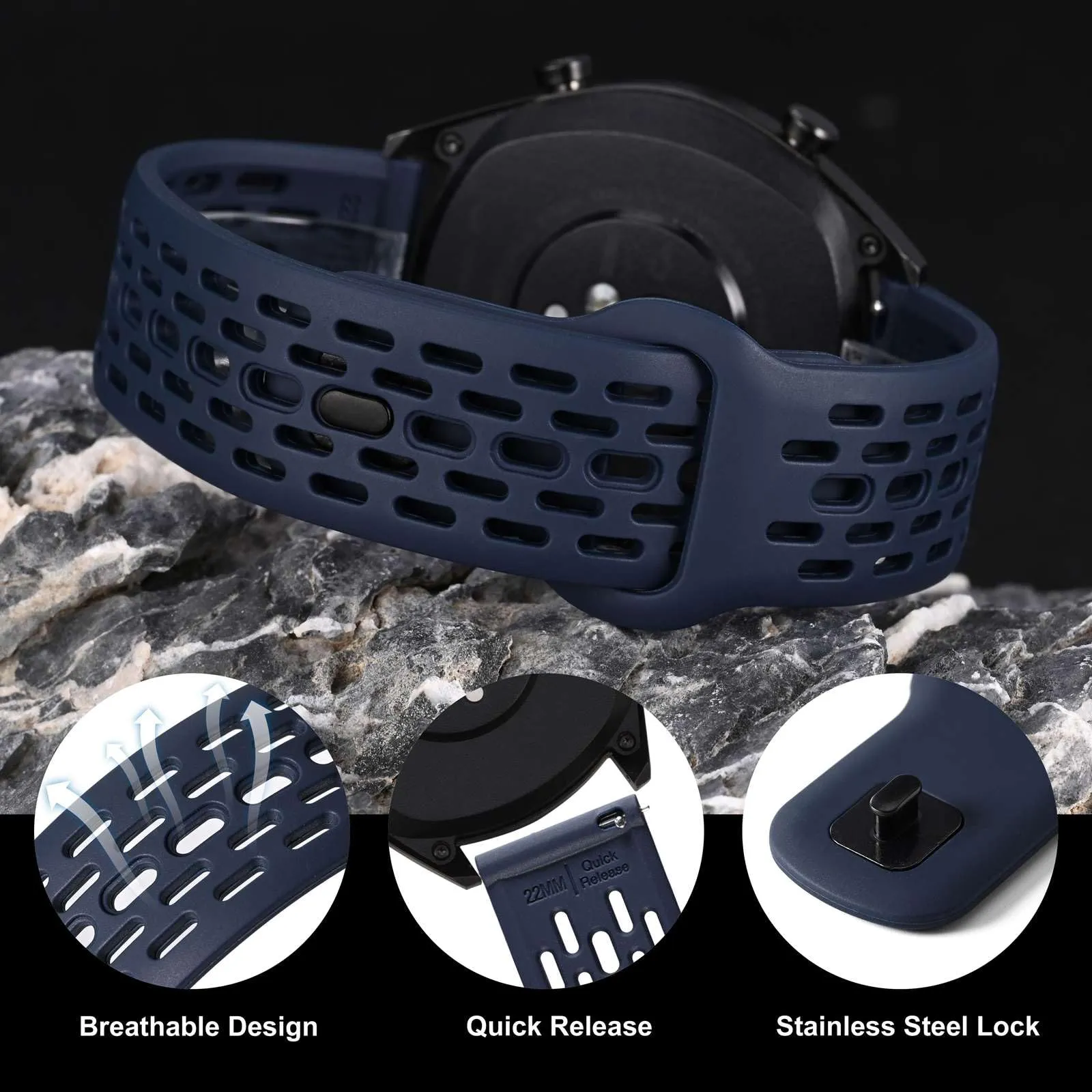 WOCCI 21mm Traspirante Traforato Cinturino in Silicone, Sgancio Rapido, Orologio Cinturini di Ricambio per Uomo Donna (Blu) - immagine 4