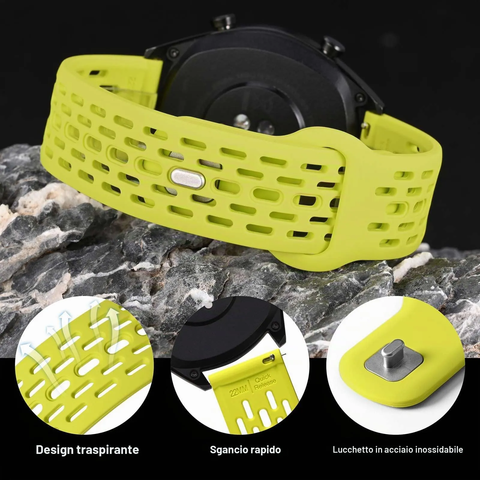 WOCCI 18mm Traspirante Traforato Cinturino in Silicone, Sgancio Rapido, Orologio Cinturini di Ricambio per Uomo Donna (Limone) - immagine 4