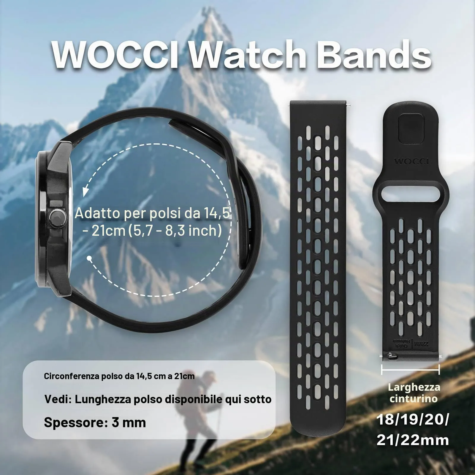 WOCCI 22mm Traspirante Traforato Cinturino in Silicone, Sgancio Rapido, Orologio Cinturini di Ricambio per Uomo Donna (Nero) - immagine 3
