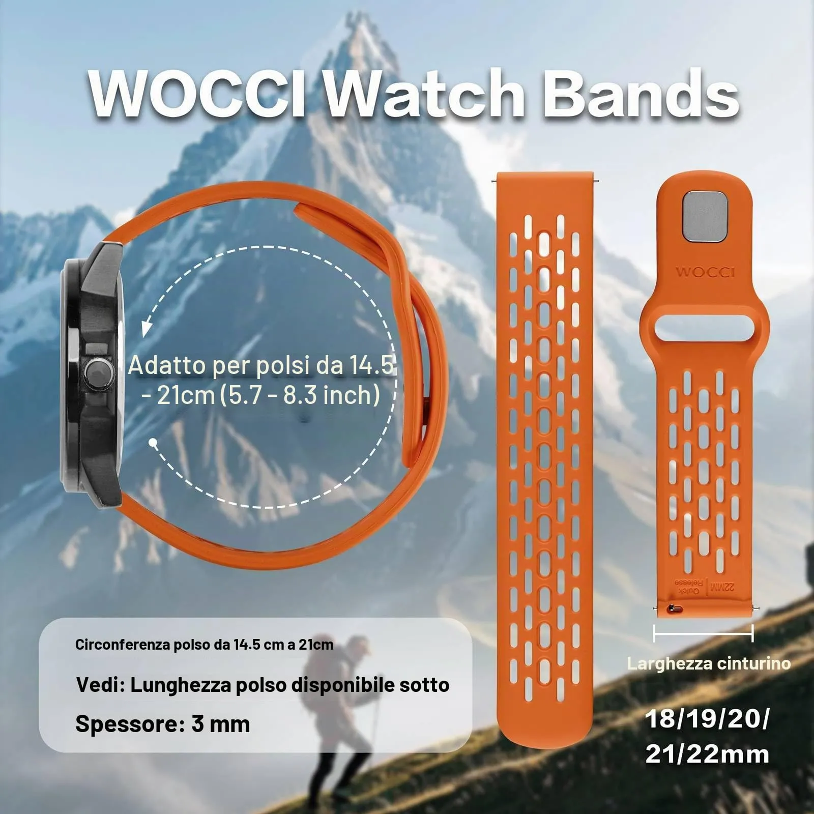 WOCCI 22mm Traspirante Traforato Cinturino in Silicone, Sgancio Rapido, Orologio Cinturini di Ricambio per Uomo Donna (Arancia) - immagine 3