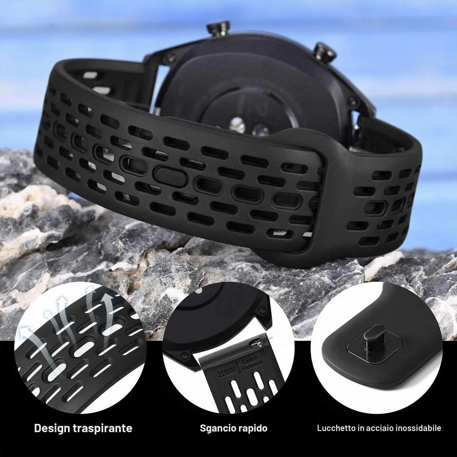 WOCCI 18mm Traspirante Traforato Cinturino in Silicone, Sgancio Rapido, Orologio Cinturini di Ricambio per Uomo Donna (Nero) - immagine 4
