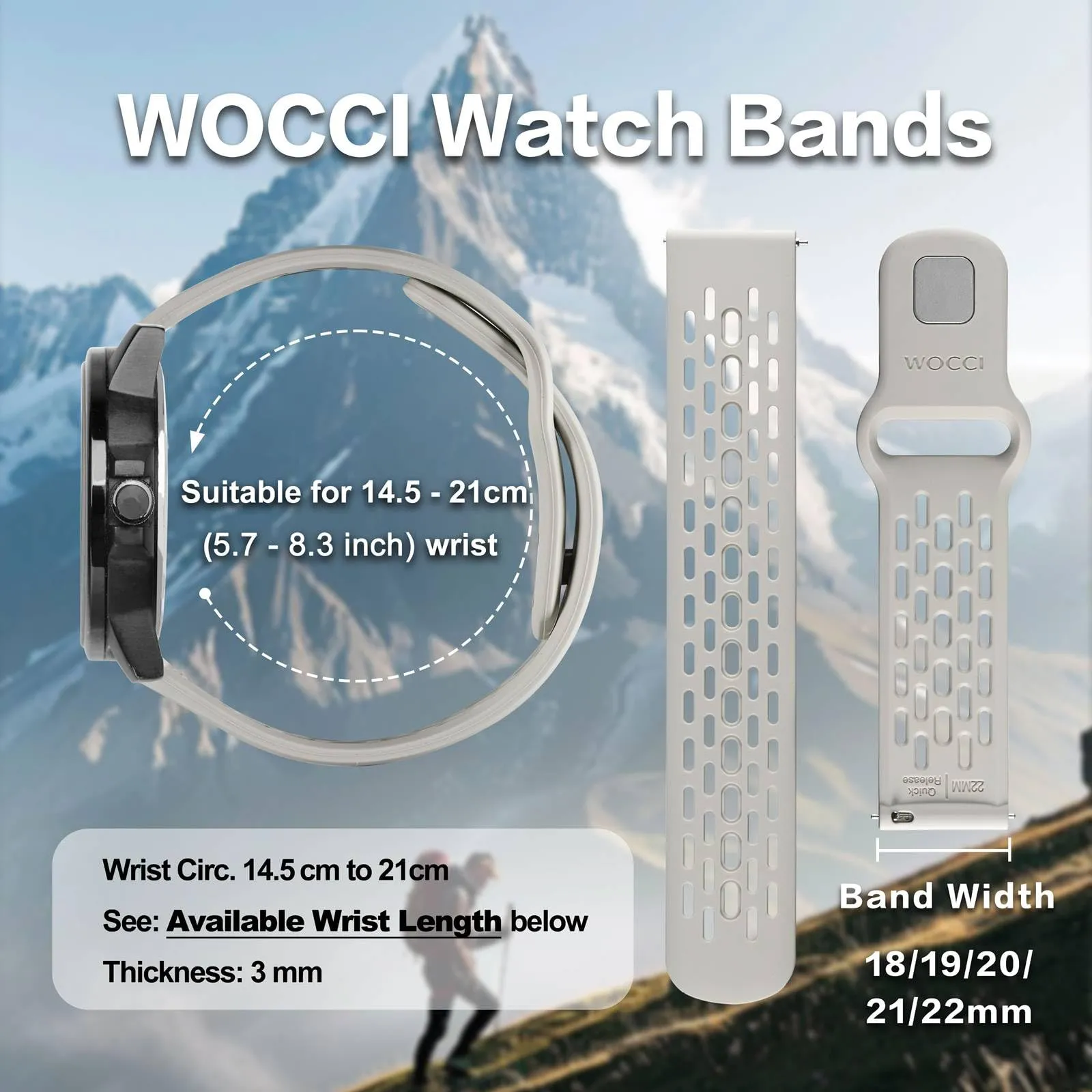 WOCCI 18mm Traspirante Traforato Cinturino in Silicone, Sgancio Rapido, Orologio Cinturini di Ricambio per Uomo Donna (Pallido) - immagine 3