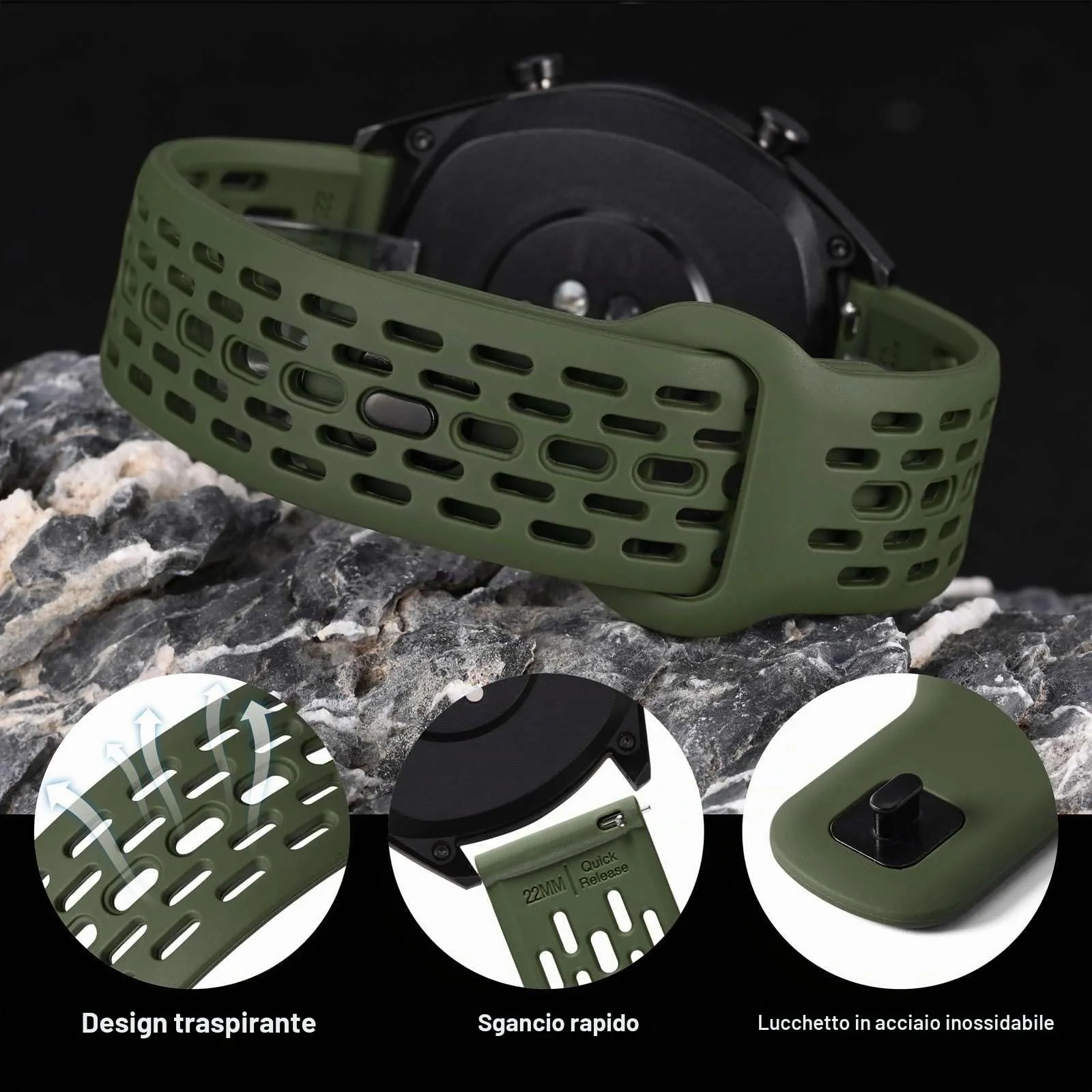 WOCCI 22mm Traspirante Traforato Cinturino in Silicone, Sgancio Rapido, Orologio Cinturini di Ricambio per Uomo Donna (Verde) - immagine 4