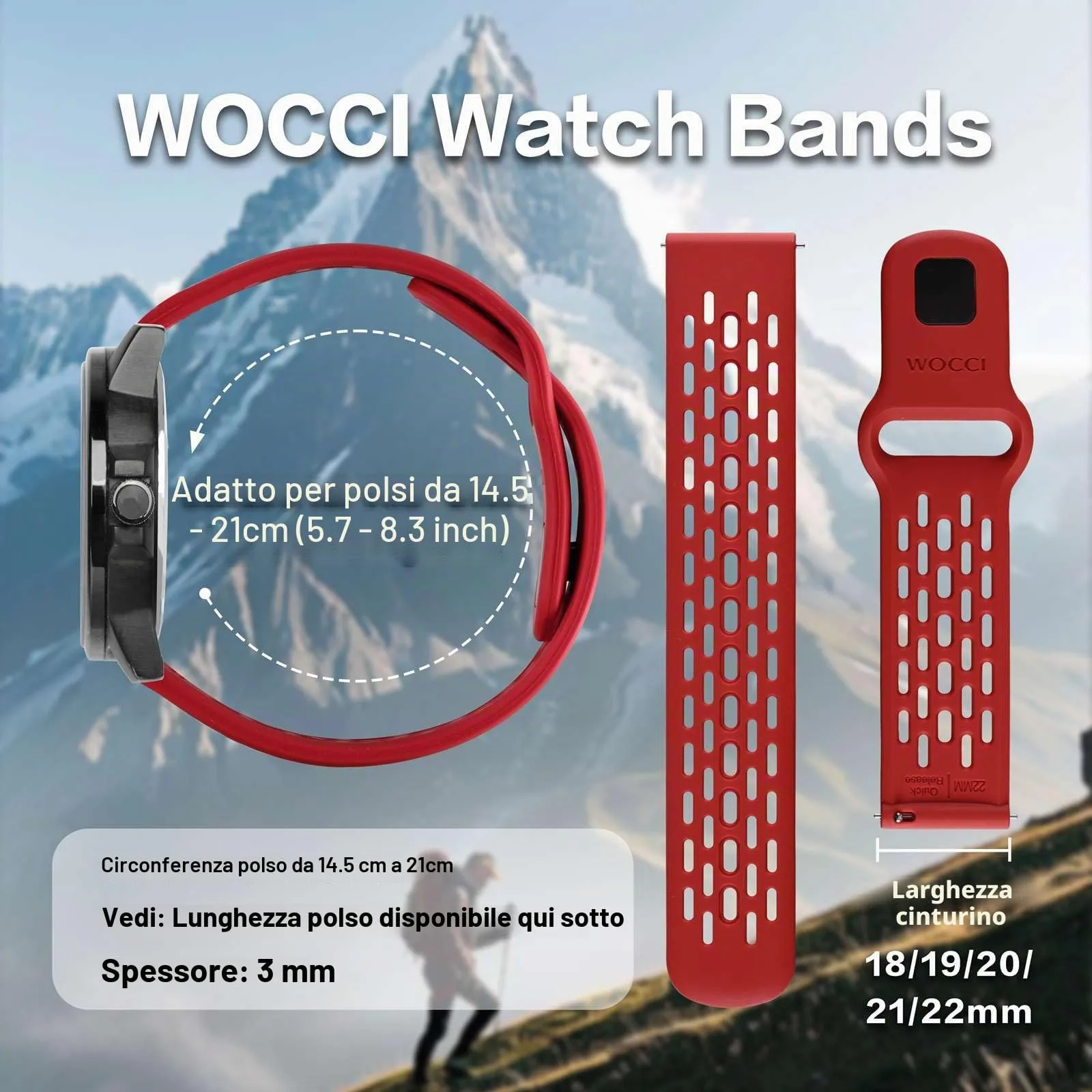 WOCCI 22mm Traspirante Traforato Cinturino in Silicone, Sgancio Rapido, Orologio Cinturini di Ricambio per Uomo Donna (Rosso) - immagine 3