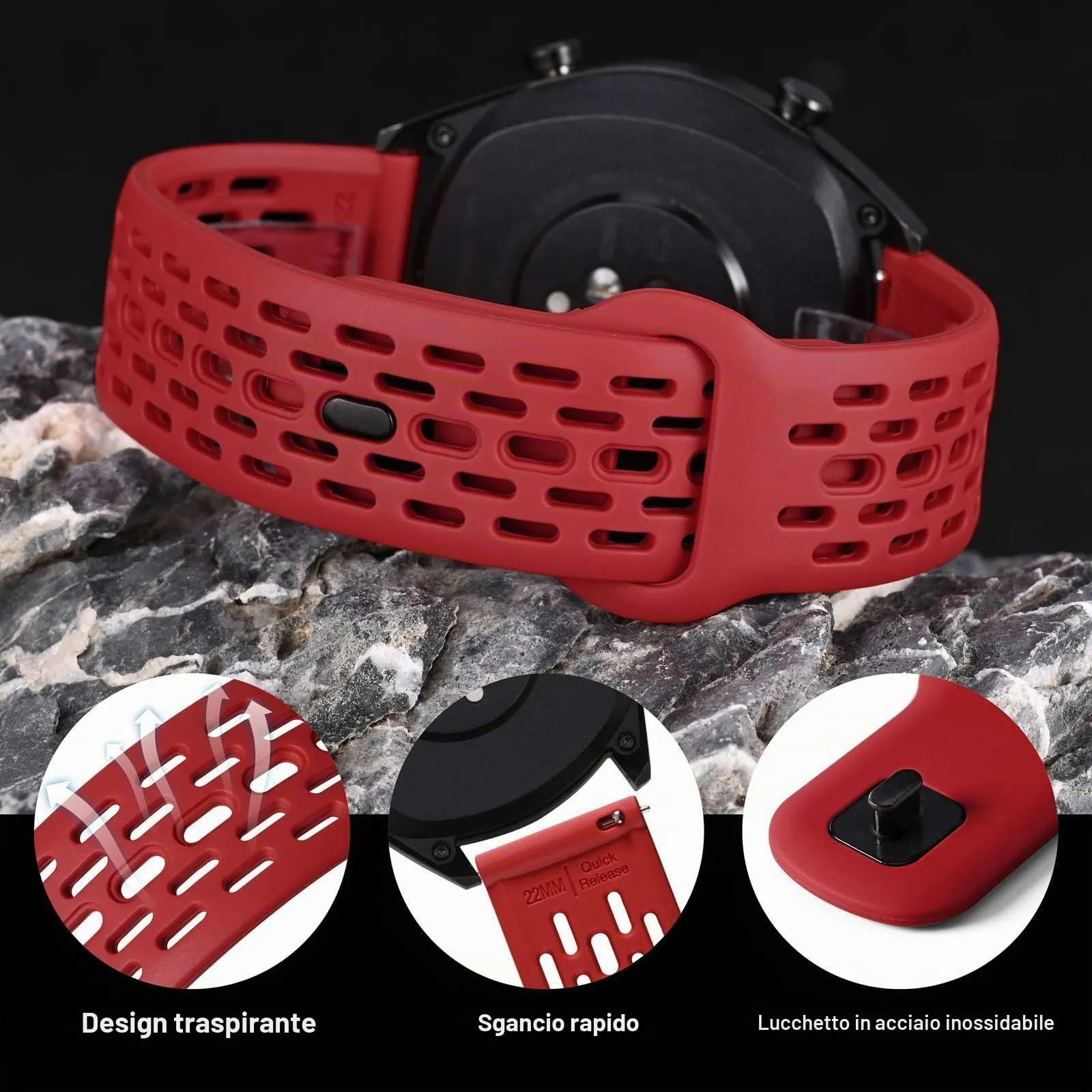 WOCCI 22mm Traspirante Traforato Cinturino in Silicone, Sgancio Rapido, Orologio Cinturini di Ricambio per Uomo Donna (Rosso) - immagine 4