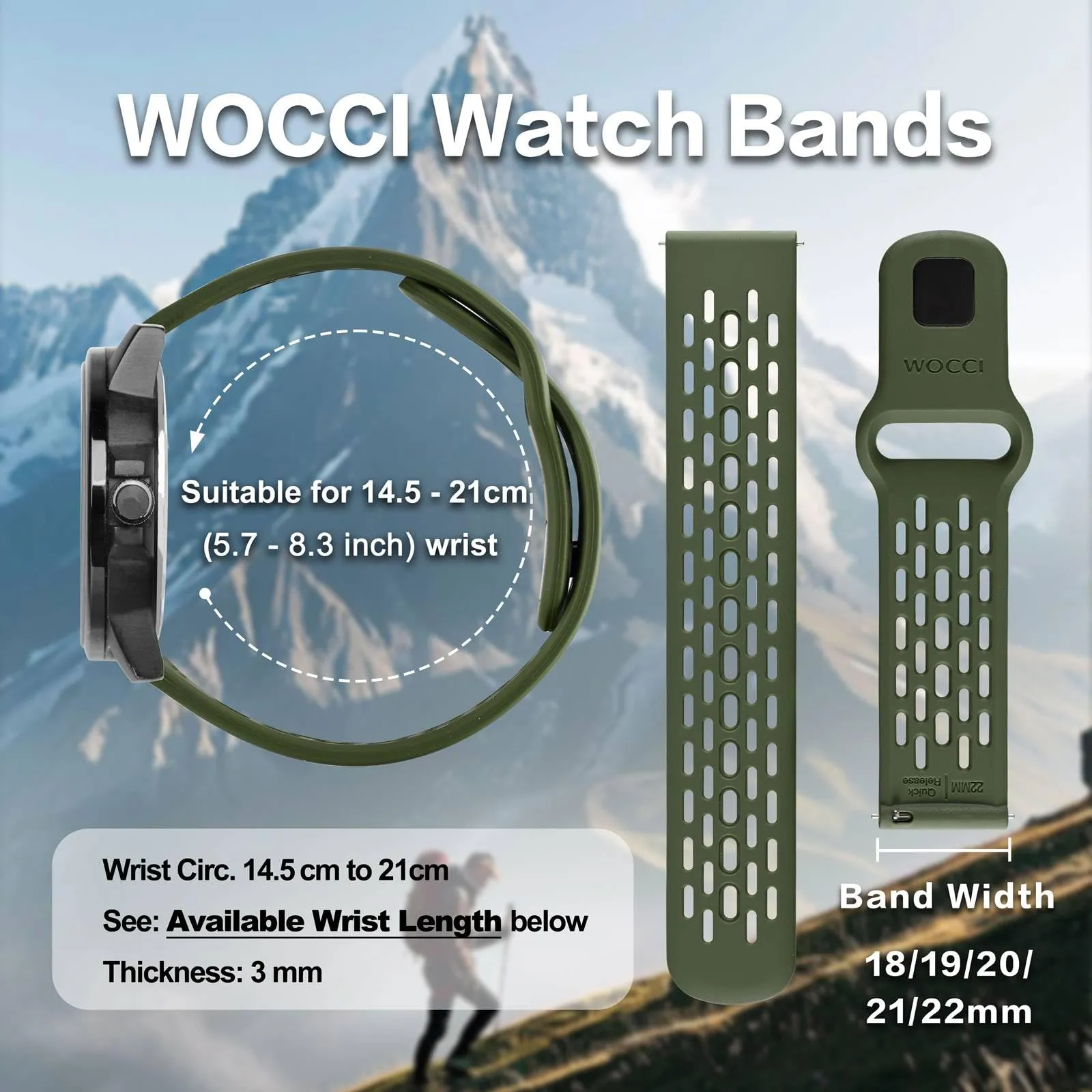 WOCCI 21mm Traspirante Traforato Cinturino in Silicone, Sgancio Rapido, Orologio Cinturini di Ricambio per Uomo Donna (Verde) - immagine 3