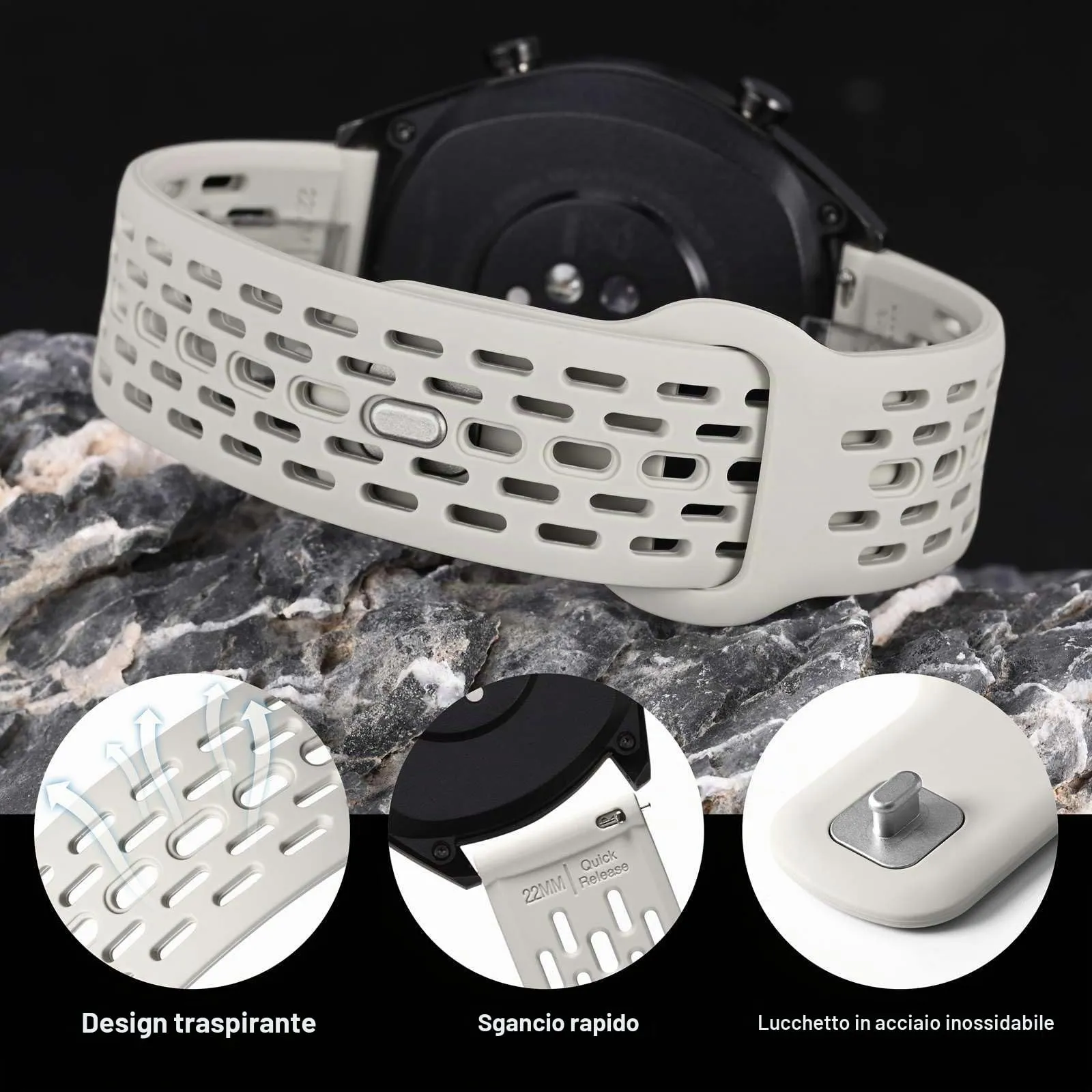 WOCCI 22mm Traspirante Traforato Cinturino in Silicone, Sgancio Rapido, Orologio Cinturini di Ricambio per Uomo Donna (Pallido) - immagine 4