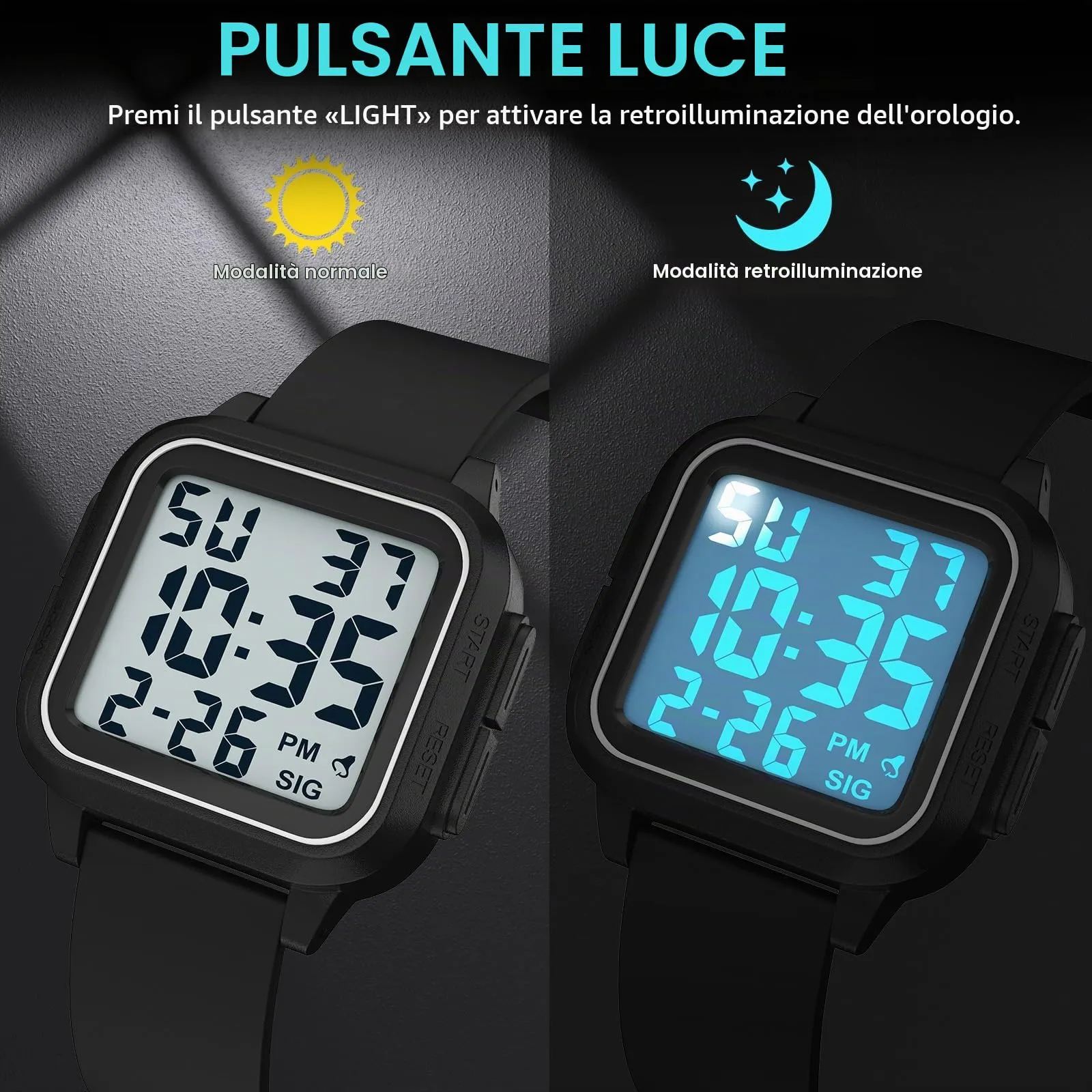 DTKID Orologio Sportivo Digitale Unisex, LED, Sveglia, Cronometro (Nero) - immagine 2