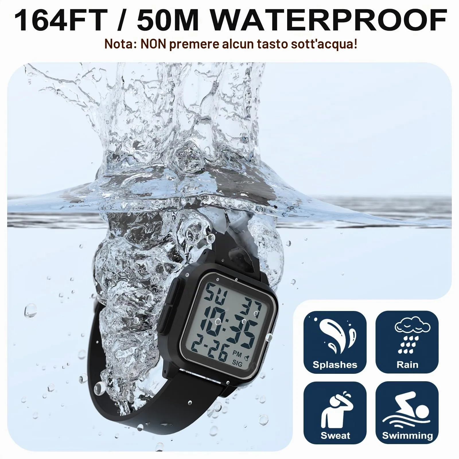 DTKID Orologio Sportivo Digitale Unisex, LED, Sveglia, Cronometro (Nero) - immagine 3