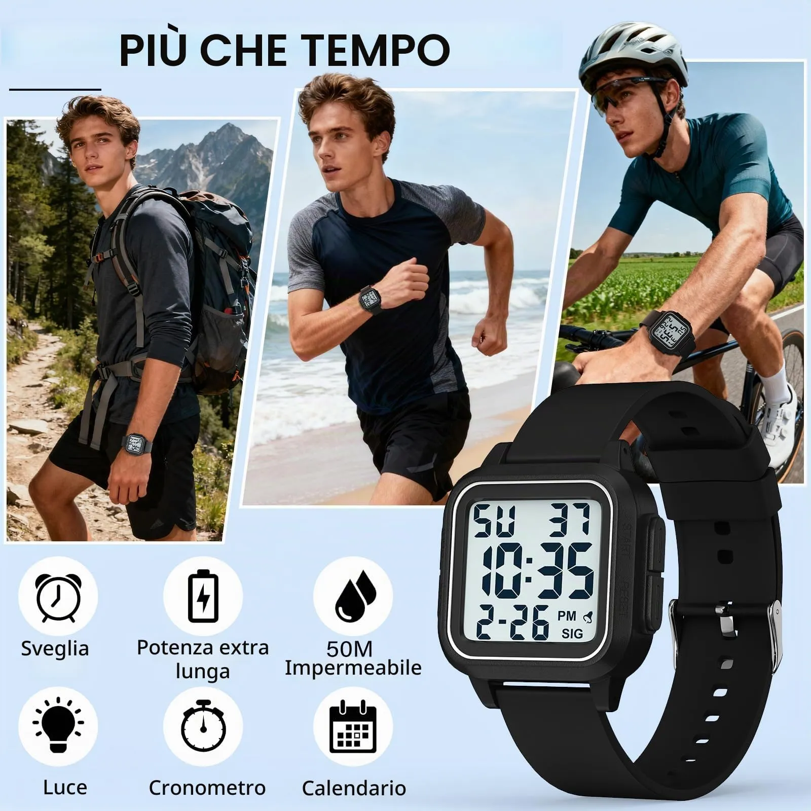 DTKID Orologio Sportivo Digitale Unisex, LED, Sveglia, Cronometro (Nero) - immagine 4
