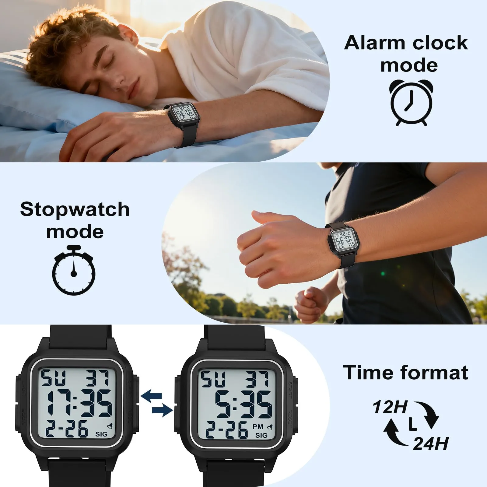 DTKID Orologio Sportivo Digitale Unisex, LED, Sveglia, Cronometro (Nero) - immagine 6