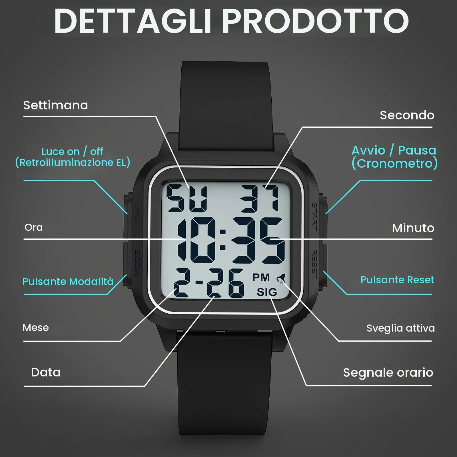 DTKID Orologio Sportivo Digitale Unisex, LED, Sveglia, Cronometro (Nero) - immagine 7