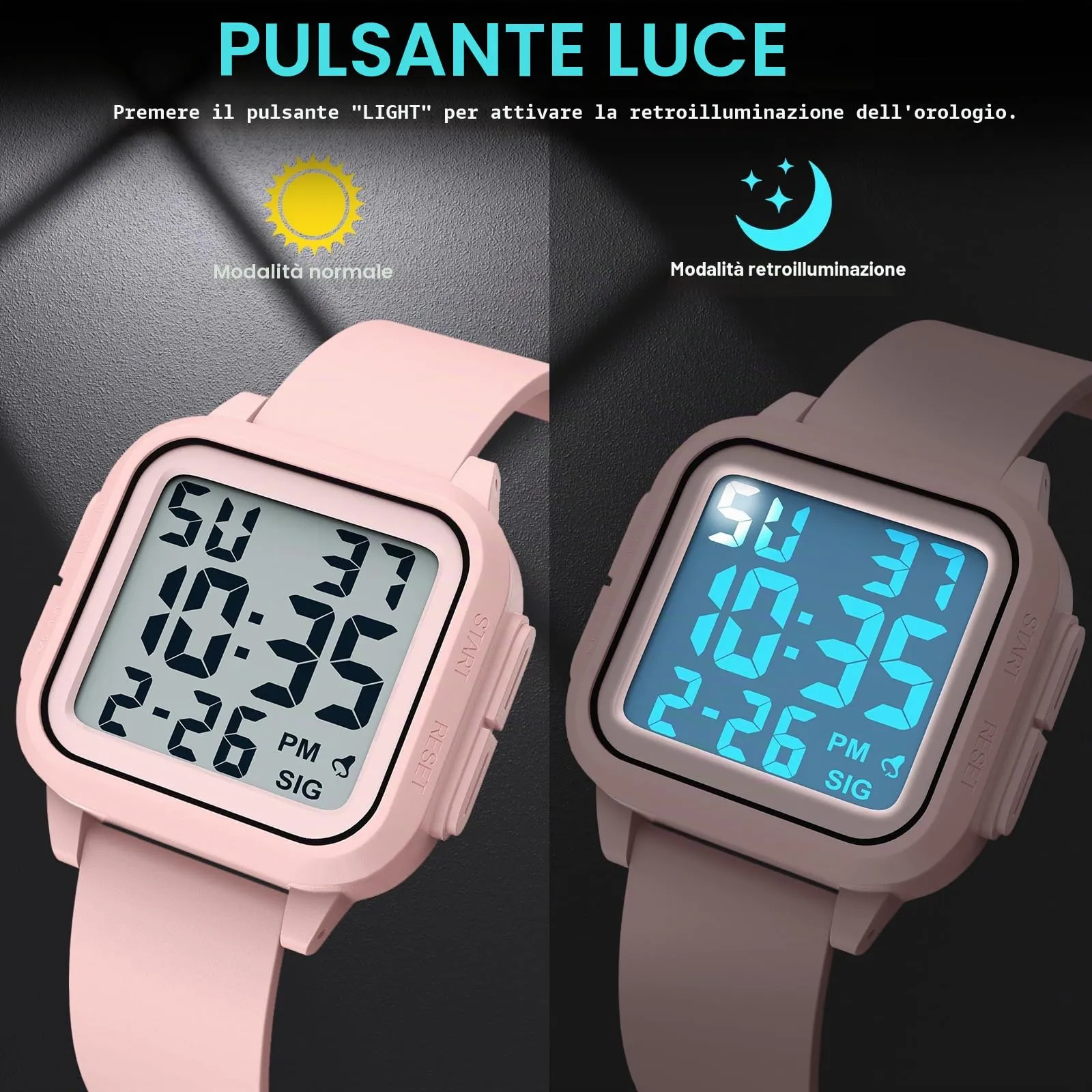 DTKID Orologio Sportivo Digitale Unisex, LED, Sveglia, Cronometro (Rosa) - immagine 2