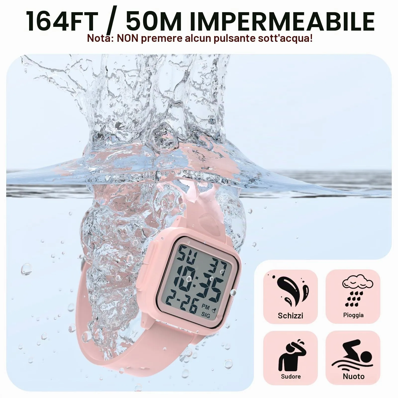 DTKID Orologio Sportivo Digitale Unisex, LED, Sveglia, Cronometro (Rosa) - immagine 3