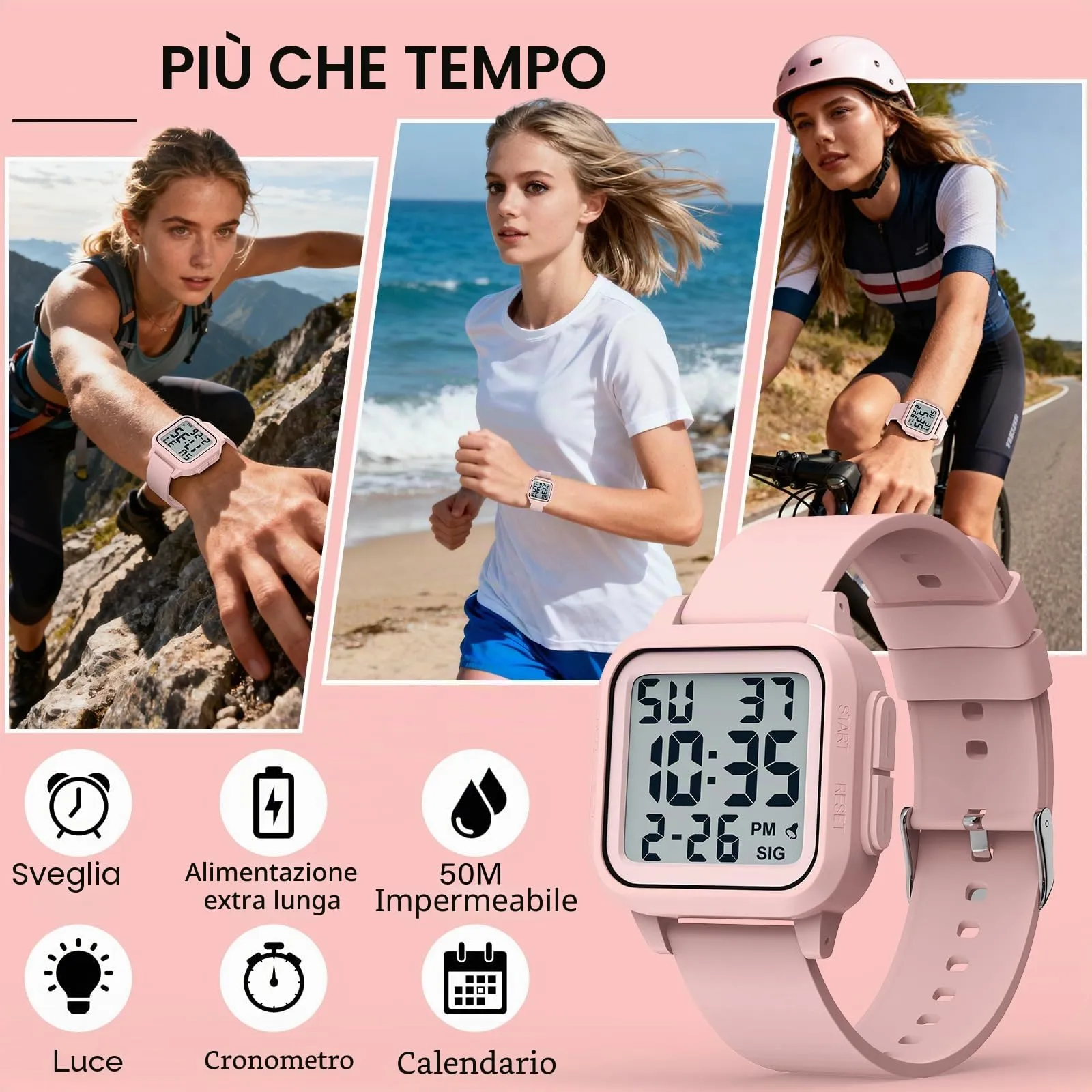 DTKID Orologio Sportivo Digitale Unisex, LED, Sveglia, Cronometro (Rosa) - immagine 4