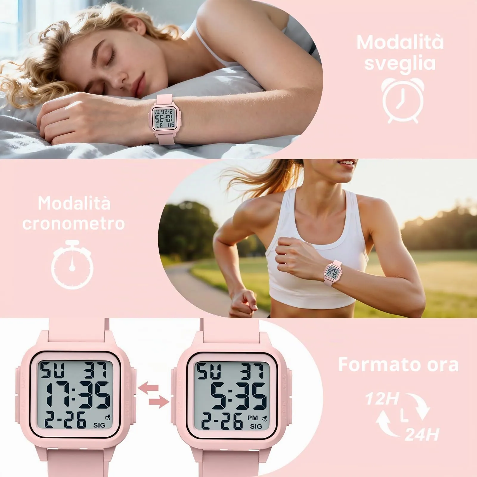 DTKID Orologio Sportivo Digitale Unisex, LED, Sveglia, Cronometro (Rosa) - immagine 6