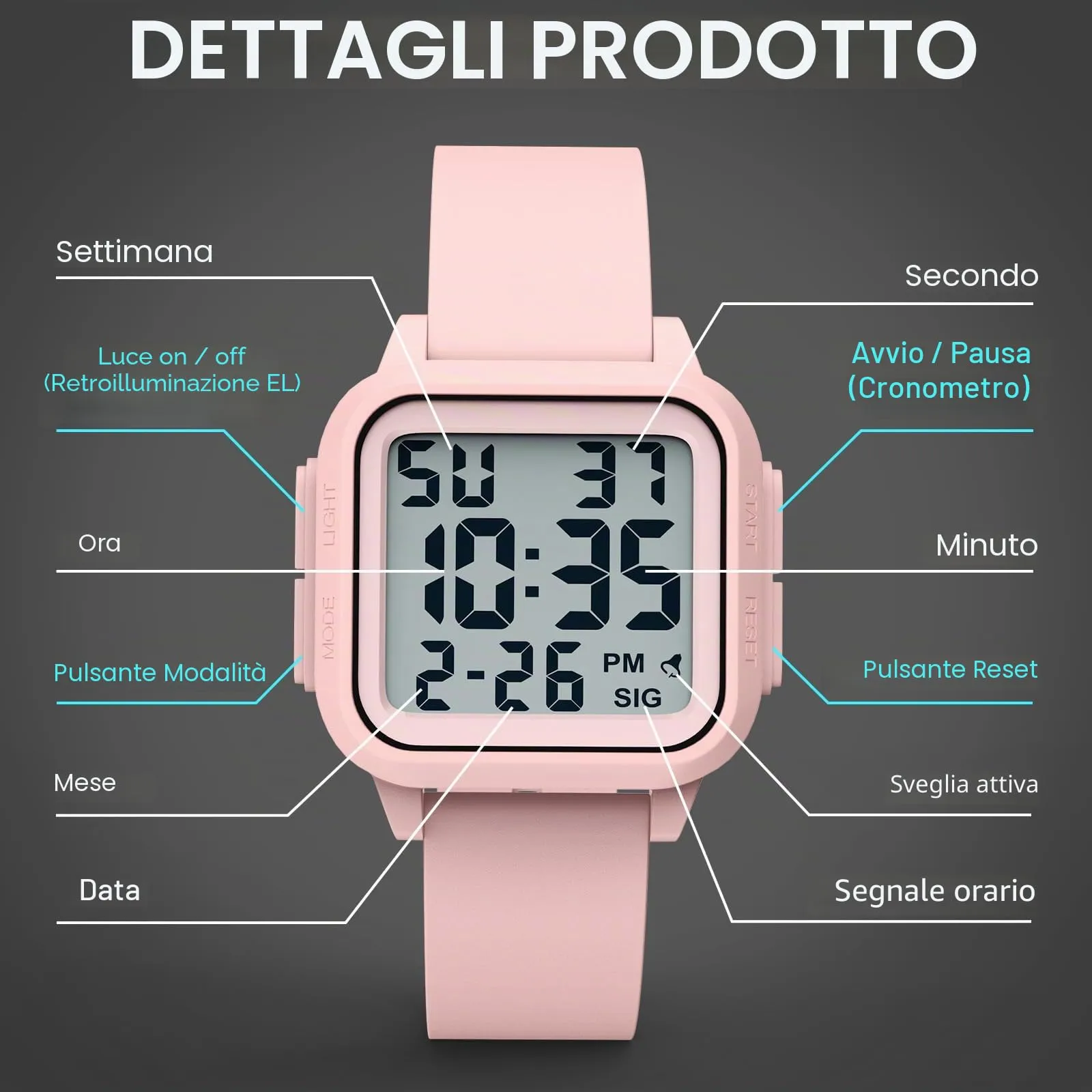 DTKID Orologio Sportivo Digitale Unisex, LED, Sveglia, Cronometro (Rosa) - immagine 7