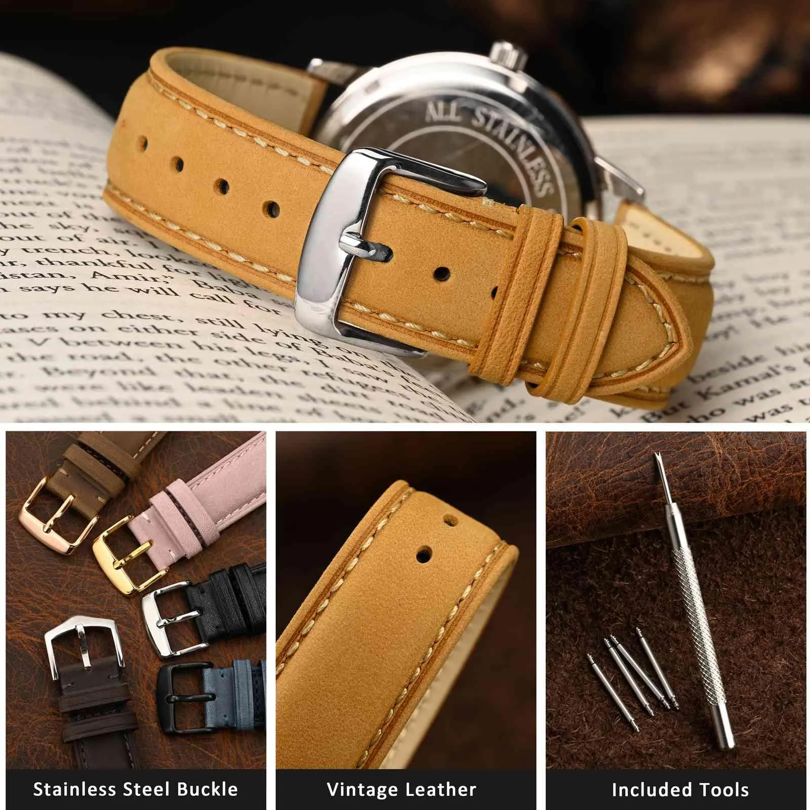 WOCCI 18mm Vintage Cinturino Orologio in Pelle con Fibbia Argento, Cinturino di Ricambio (Marrone Chiaro con Punto Beige) - immagine 3