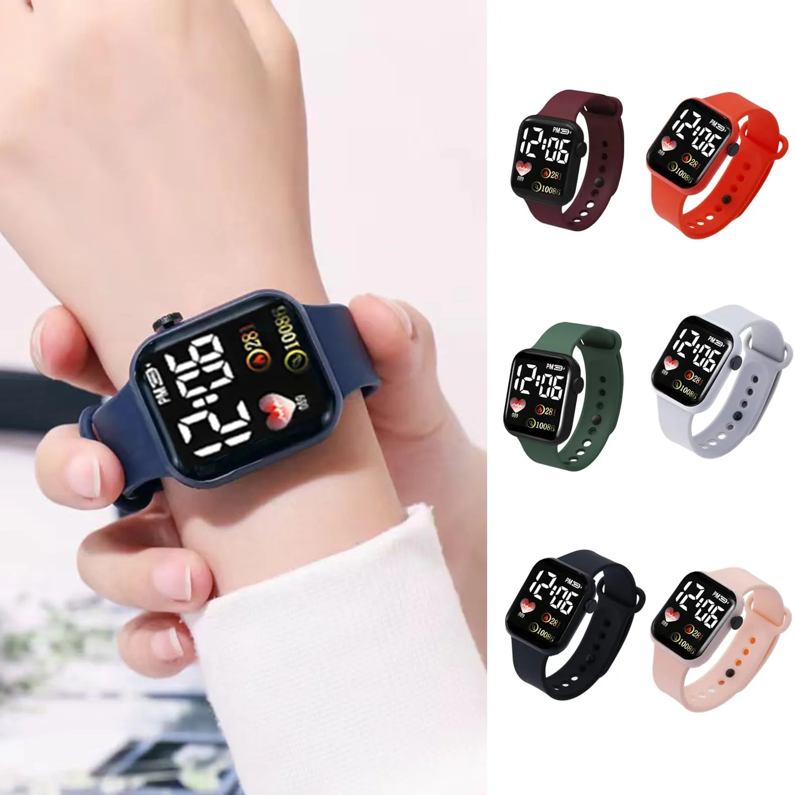 ulafbwur Orologio digitale elettronico quadrante quadrato luminoso non impermeabile regolabile confortevole tempo preciso stampa cuore bambini digitale sport orologio da polso digitale, Grigio, Casual - immagine 7