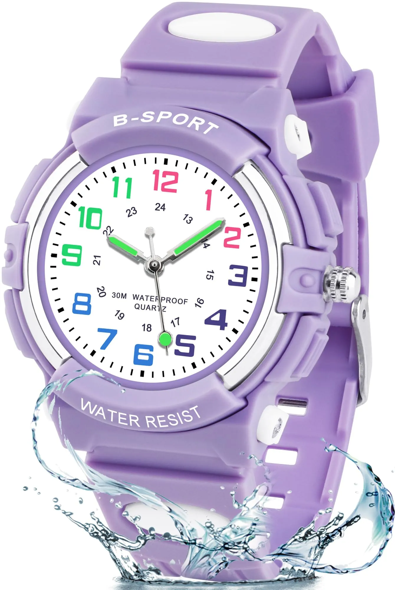 Edillas Orologio da Polso Bambini Analogico,Impermeabile 30M,Cinturino TPU Morbido,Lancette Luminose,Ideale per Scuola, Sport e Regalo di Inizio Anno (Viola) - immagine 1