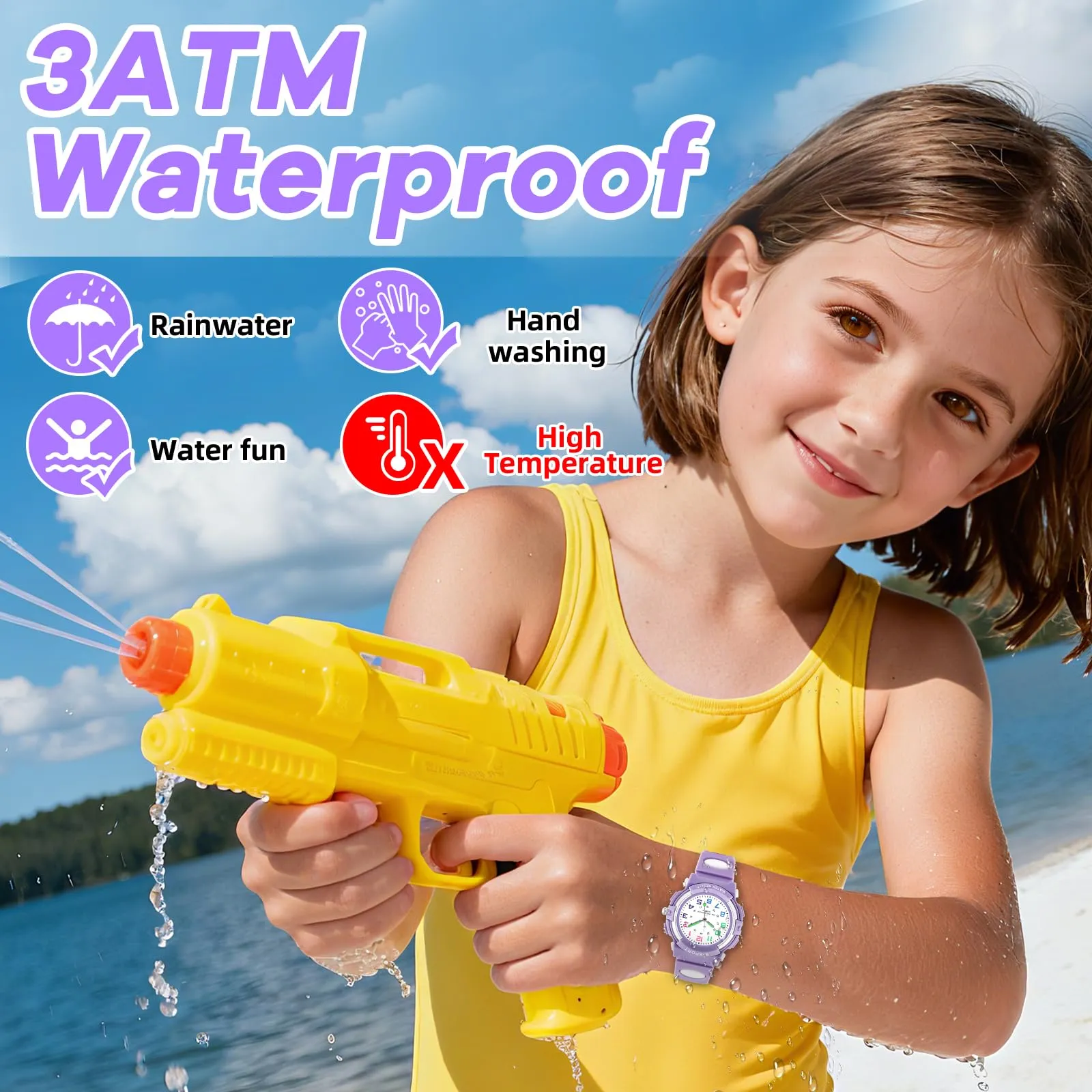 Edillas Orologio da Polso Bambini Analogico,Impermeabile 30M,Cinturino TPU Morbido,Lancette Luminose,Ideale per Scuola, Sport e Regalo di Inizio Anno (Viola) - immagine 2